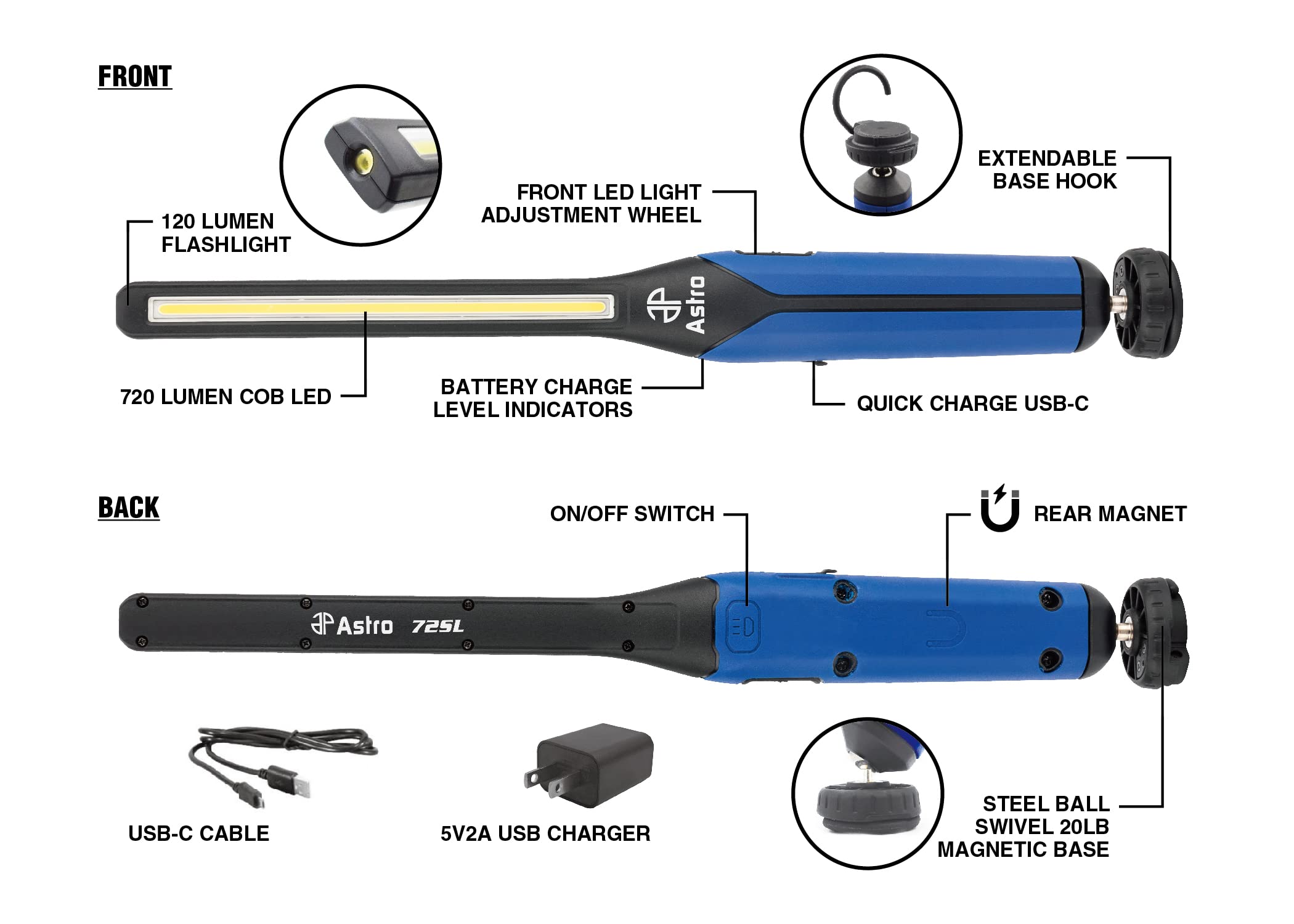 Astro Pneumatic Tool 72Sl 720 Lumen Usb-C Slim Light - Rechargeable Blue Led Tool