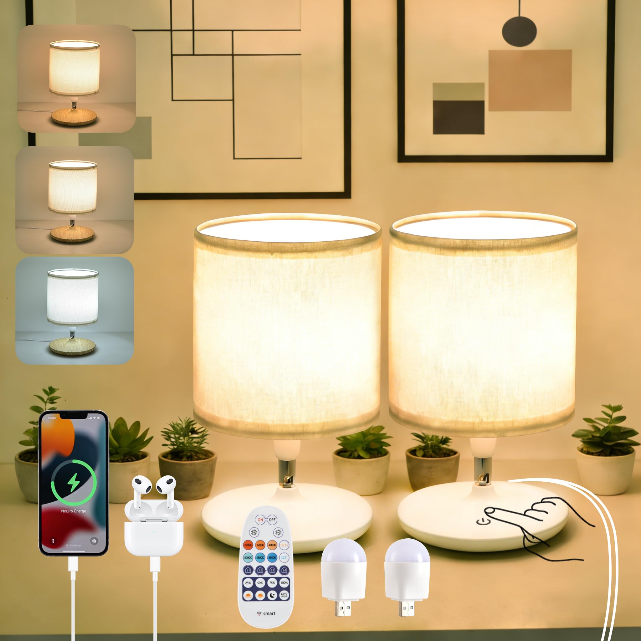 DKCWN Table Lamps Set of 2, Bedside Lamps with USB C Ports for Nightstand, Dimmable Touch Table Lamps for Bedroom Living Room, 3