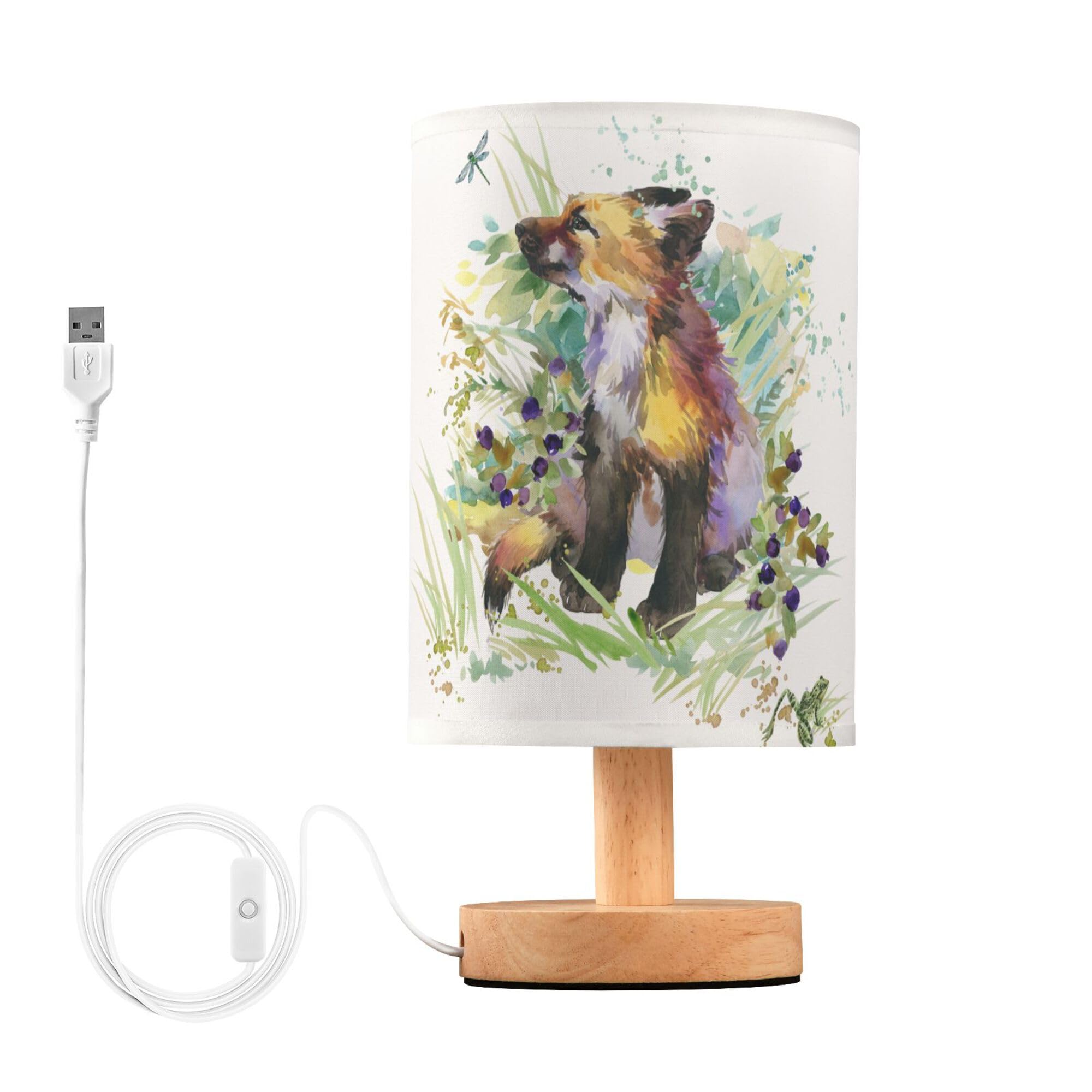 YYZZH Table Lamp Fox Animal Dragonfly Frog in Floral Grass Woodland Nightstand Lamp with Wood Base Fabric Lamp Shade Bedside Des
