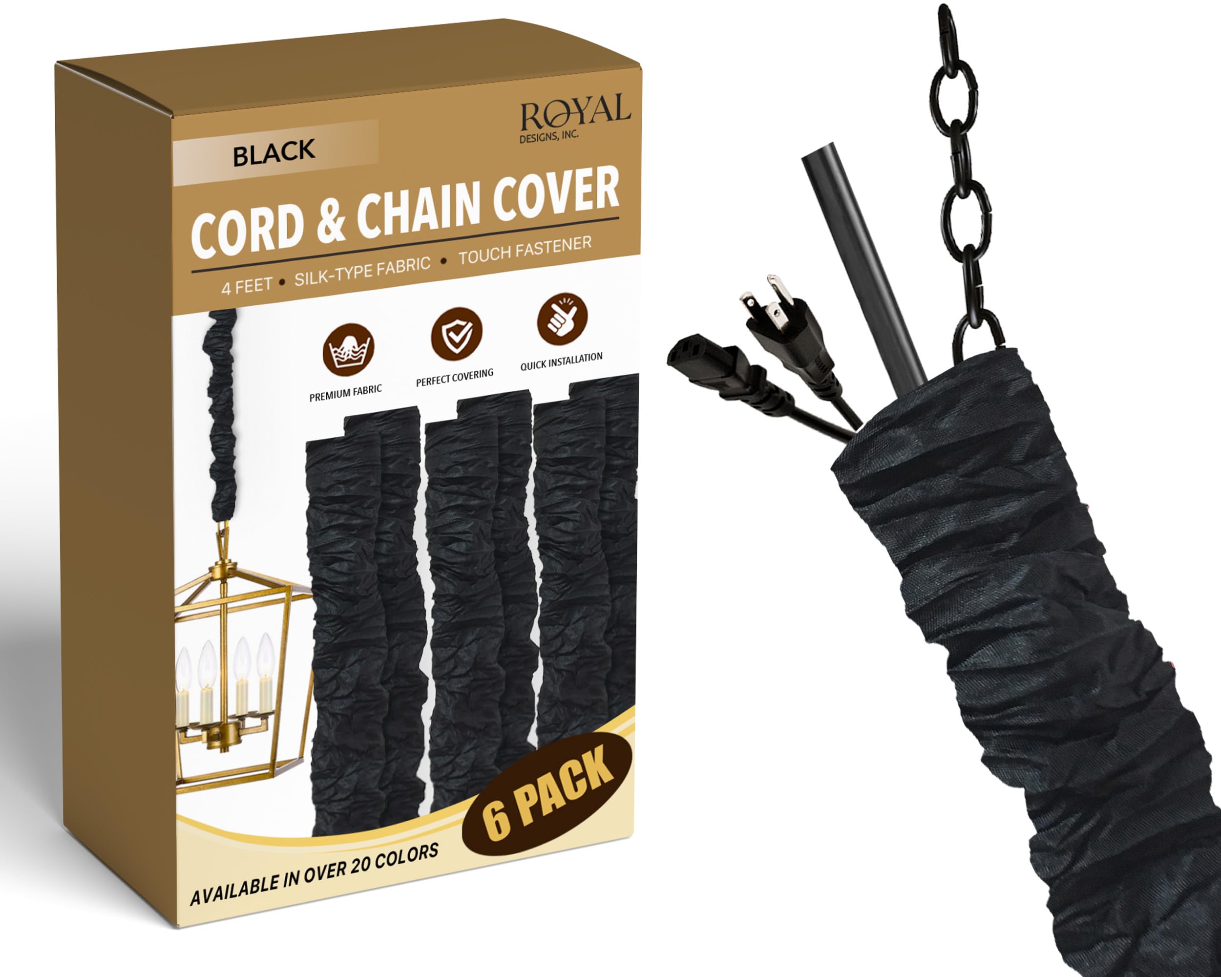 Royal Designs, Inc. Chandelier Chain Cover, Silk Fabric, Black, 6 Pack