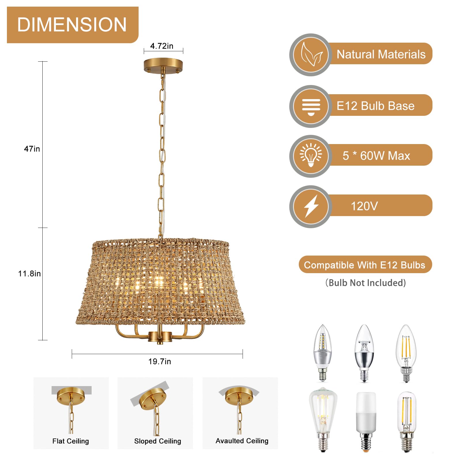 YOMECOO Hand-Woven Rattan Chandelier, Vintage Boho Design, 19.7in Golden, Model MD216-Golden for Dining Room, Kitchen, Living Room