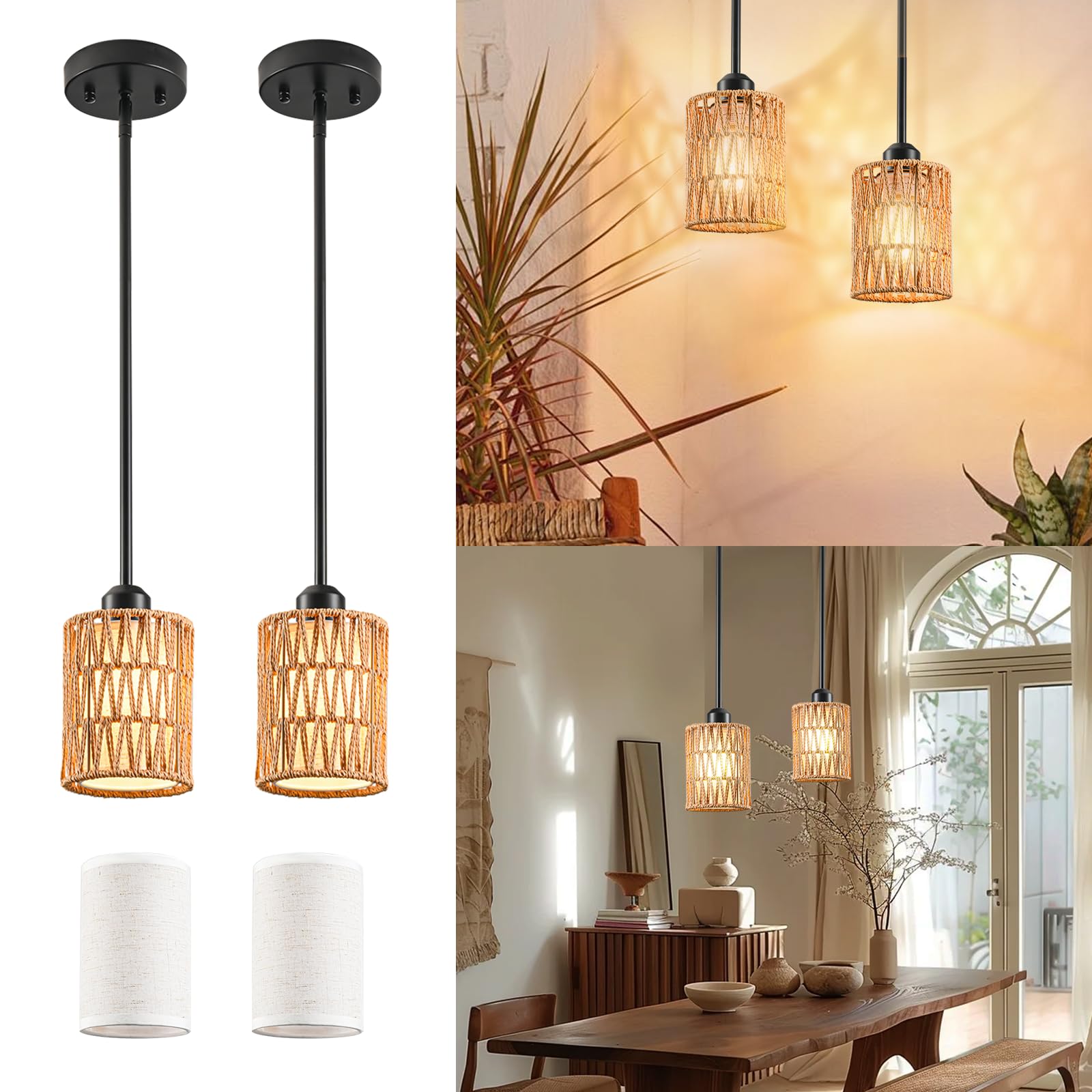 OUVR Rattan Pendant Light  6 Inch 2-in-1 Boho Hanging Fixture with Iron Rods & Linen Shade  Adjustable Height & Sloped Ceiling Compatible for Kitchen Island Dining Room Farmhouse Bedroom  2 Pack