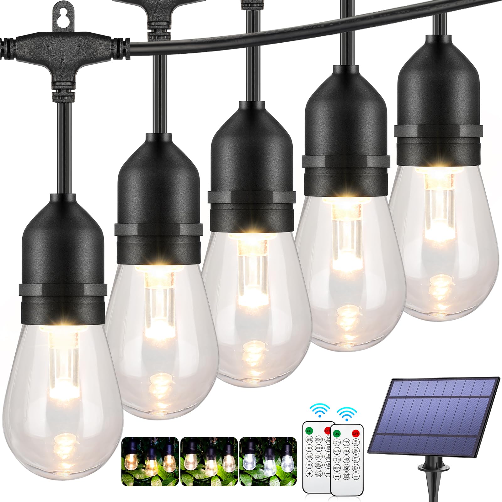 Mlambert Dimmable Solar String Lights, 48FT, 15 Sockets, Waterproof, Black, Model YGM-S14-15S