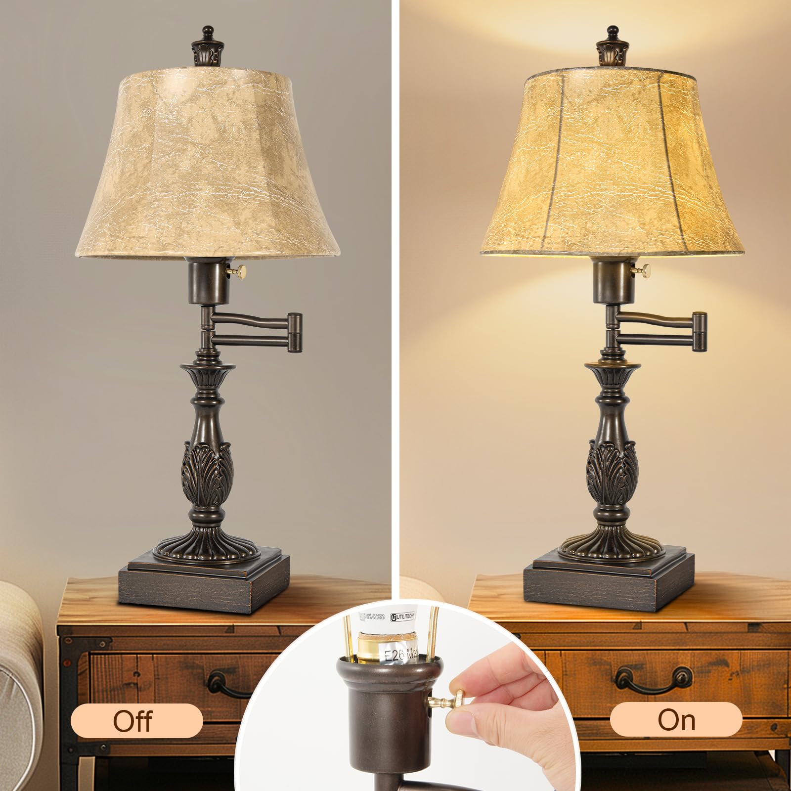 Scenekoy 23.5" Rustic Adjustable Swing Arm Table Lamp Set of 2 with USB Ports, Brown Faux Leather Shade, Model SL016-2