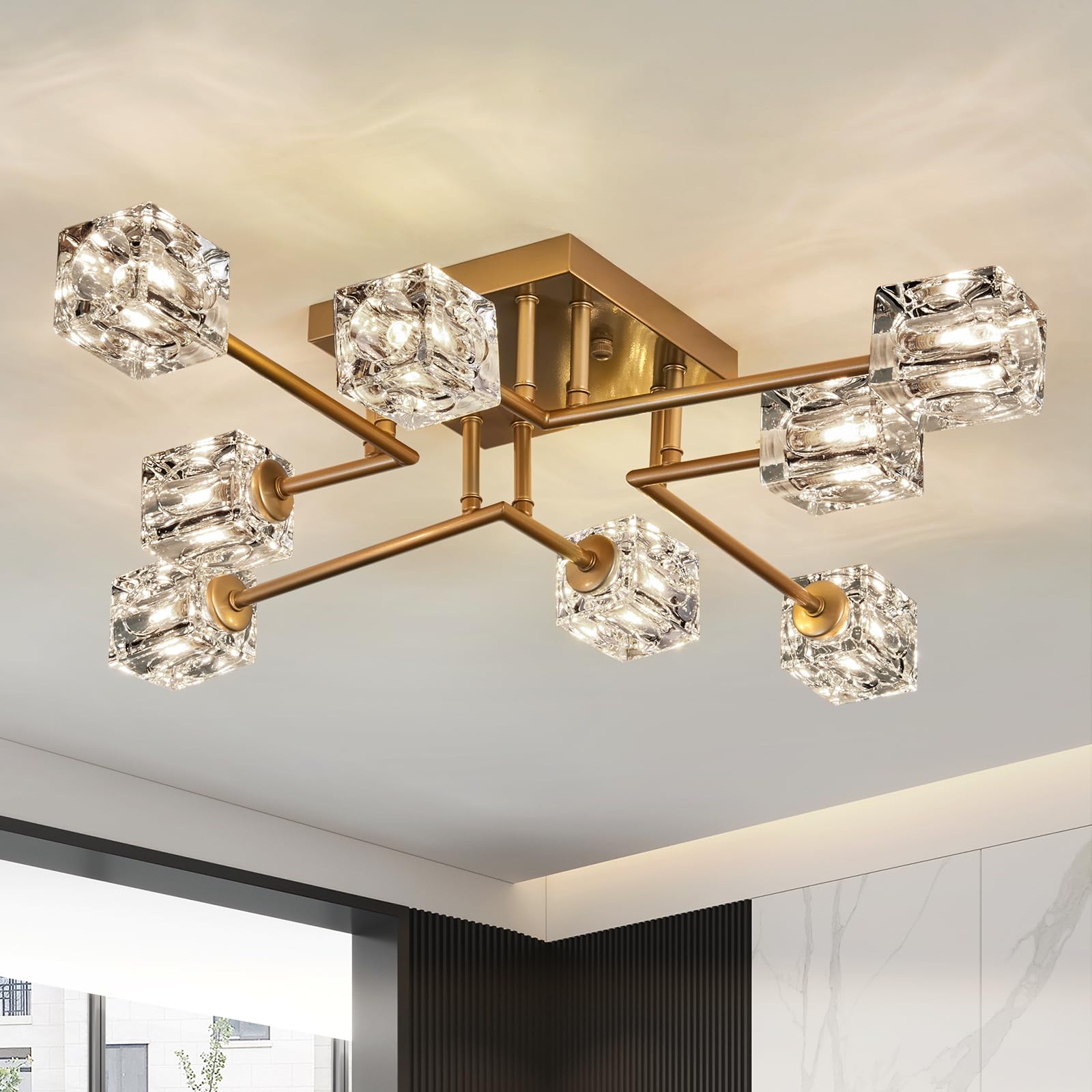 Qgiytp Vintage Gold Semi Flush Mount Ceiling Light 8-Light Glass Sputnik Chandeliers Mid Century Modern Crystal Ceiling Light Fi