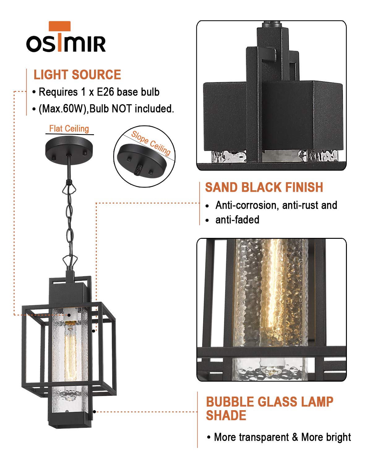 Osimir 16&quot; Outdoor Pendant Light - Modern Black Lantern With Bubble Glass For Porch & Entryway