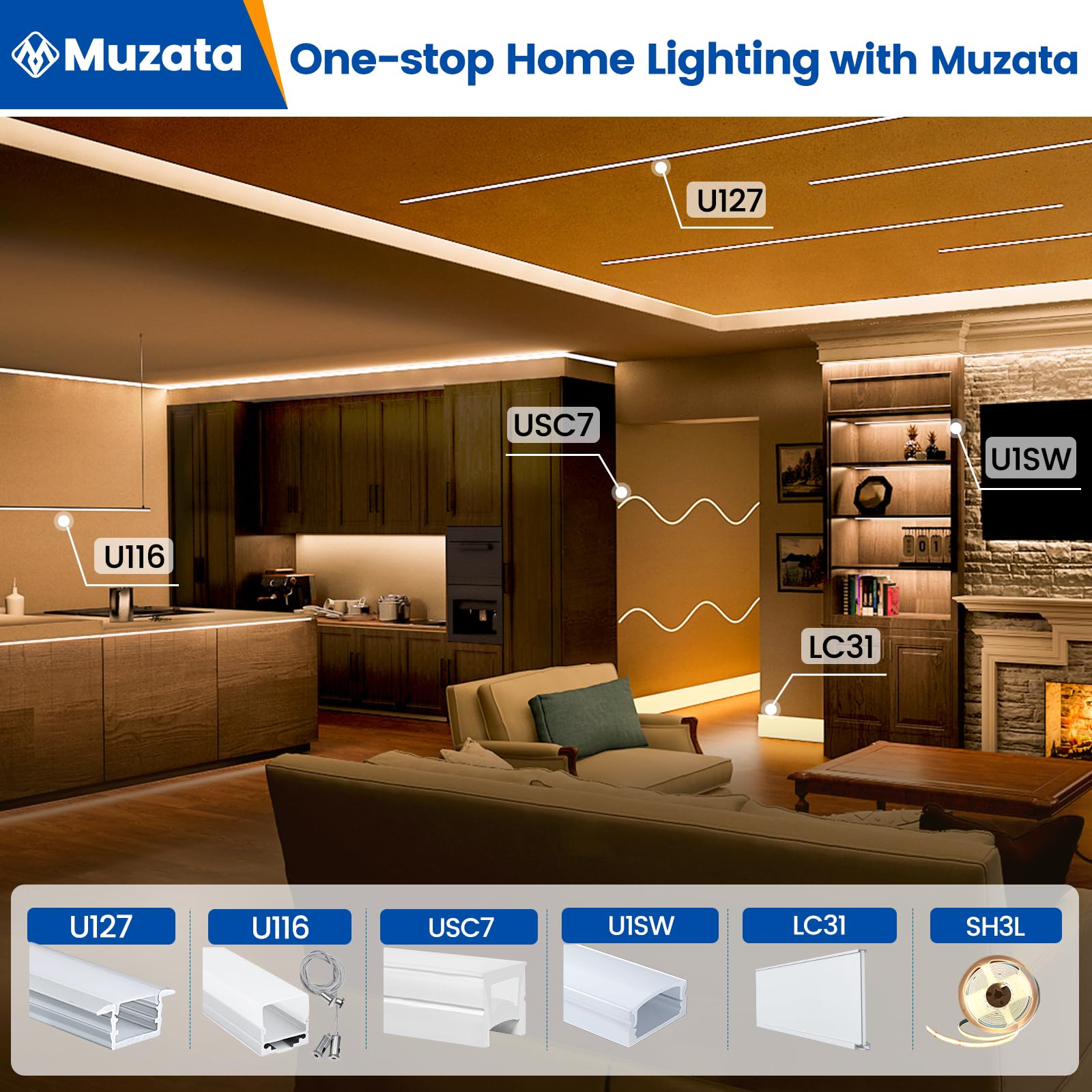 Muzata LED Strip Diffuser Channel, Aluminum 6063, 20Pack, 6.6FT/2M, U Shape, Milky White Cover, Model U1SW