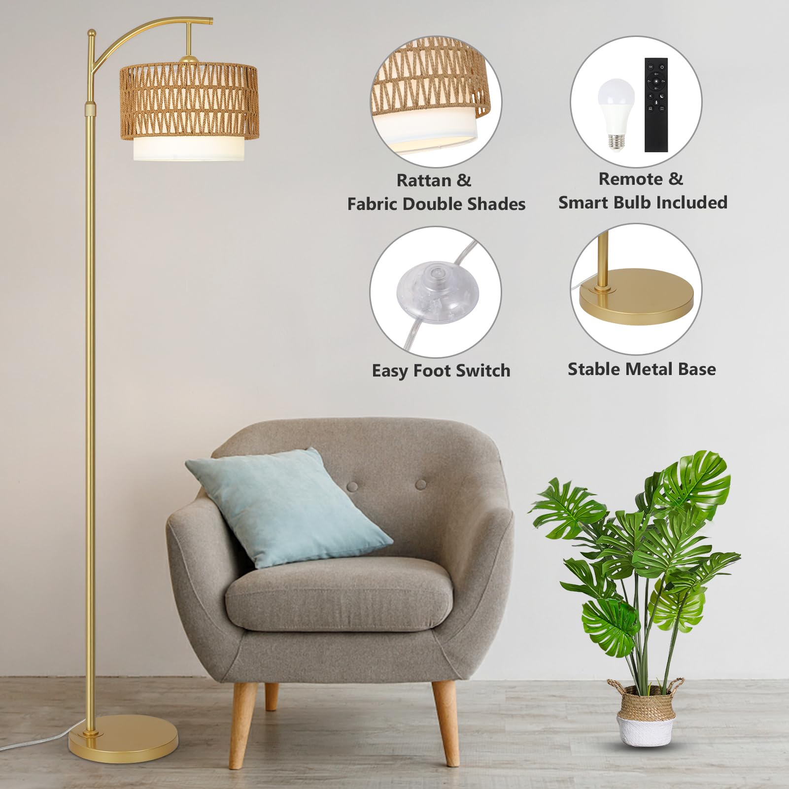Gold Floor Lamps For Living Room With Remote & Dimmable Led Bulb, Modern Arc Floor Lamp With 3 Color Temperatures, Boho Standing
