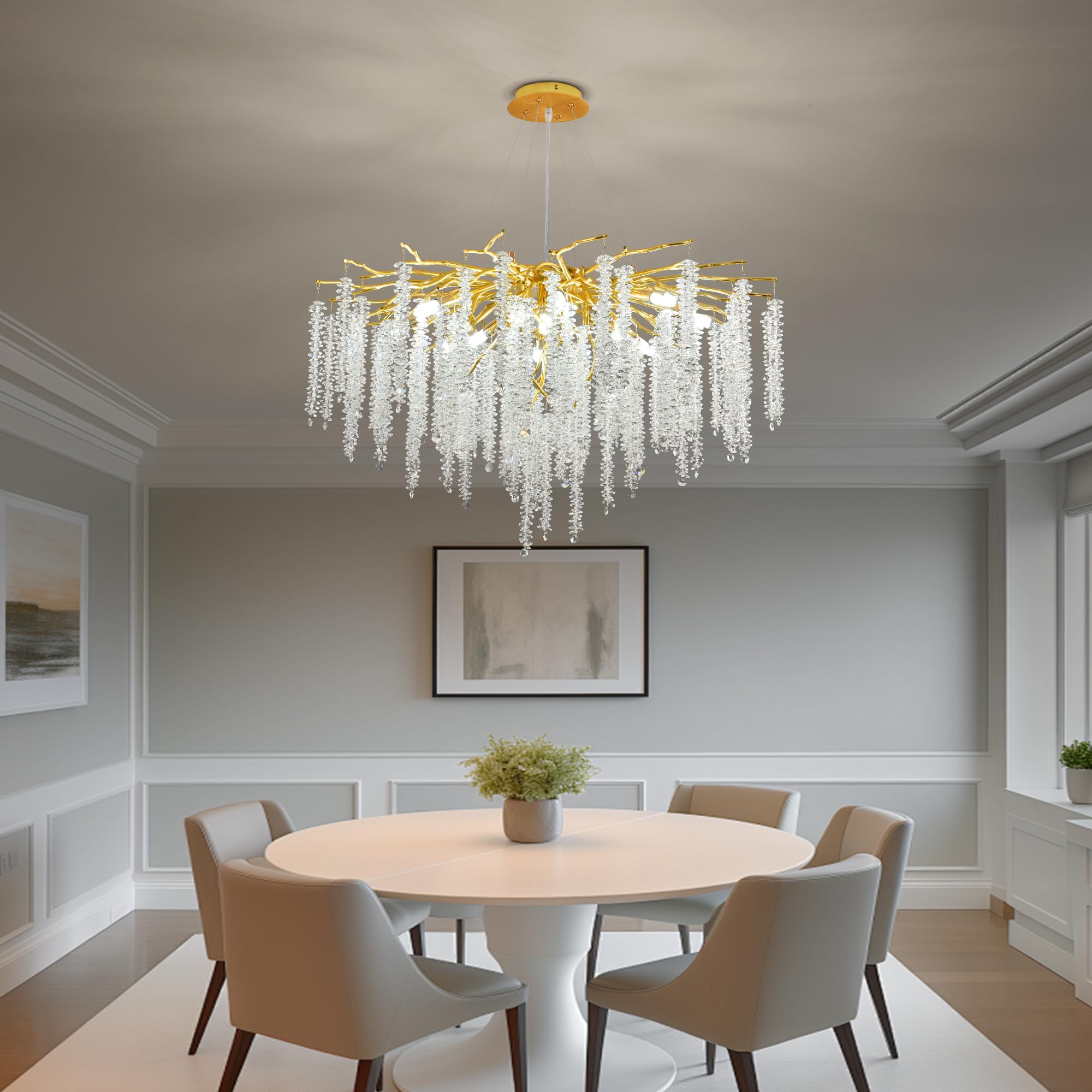 Puvaue Crystal Tree Branch Chandelier Pendant Light Fixture Round D31.5in Gold Aluminum/Iron for Dining Room, Bedroom, Living Room