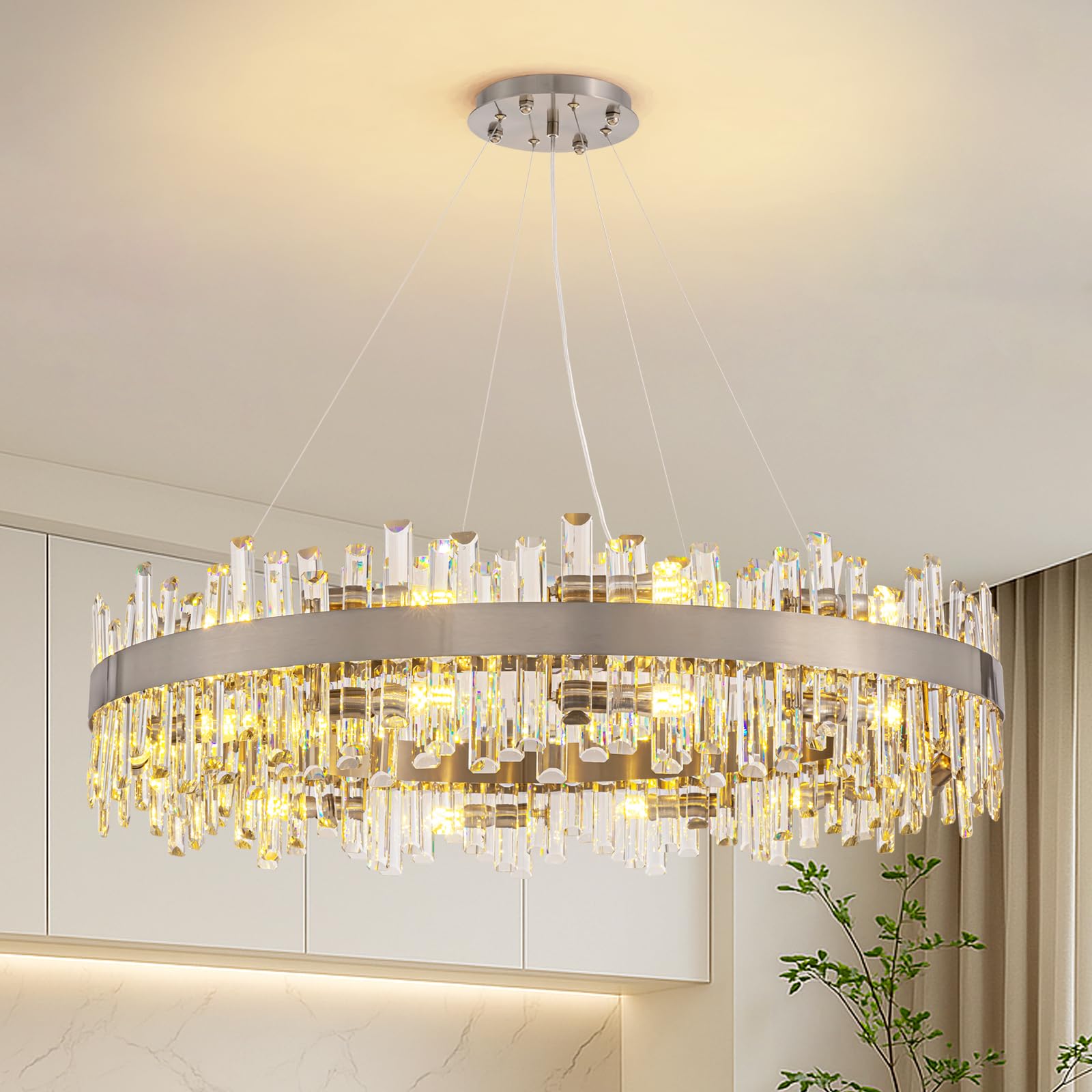 Siljoy 39.4'' Modern Crystal Chandelier, Luxury Large Nickel 2-Tiers Raindrop Chandelier, Adjustable Flush Mount Pendant Ceiling