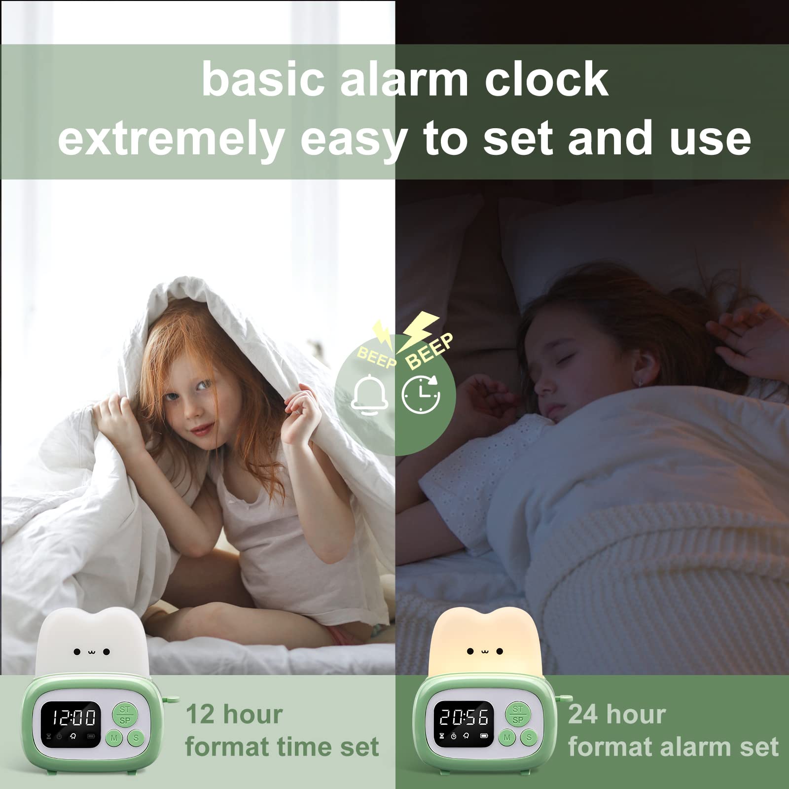 QANYI Small Timer Clock Lamp, Digital Alarm Night Light, Green, 2.2*3.8*4 inches, ABS+PC Material, Kids Birthday Gift