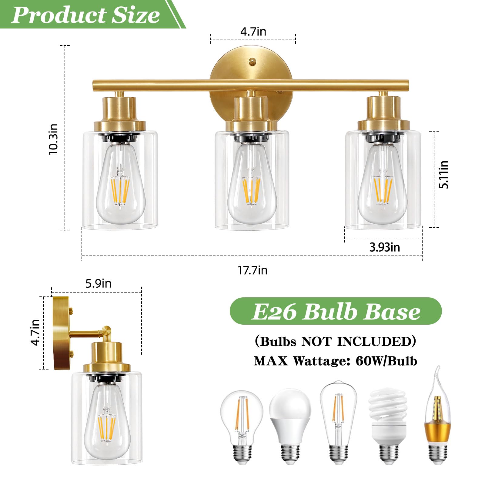 Guliaofo 3-Light Brushed Gold Bathroom Vanity Light Fixture, Clear Glass Shade, Model Gu-111-QGJ-3