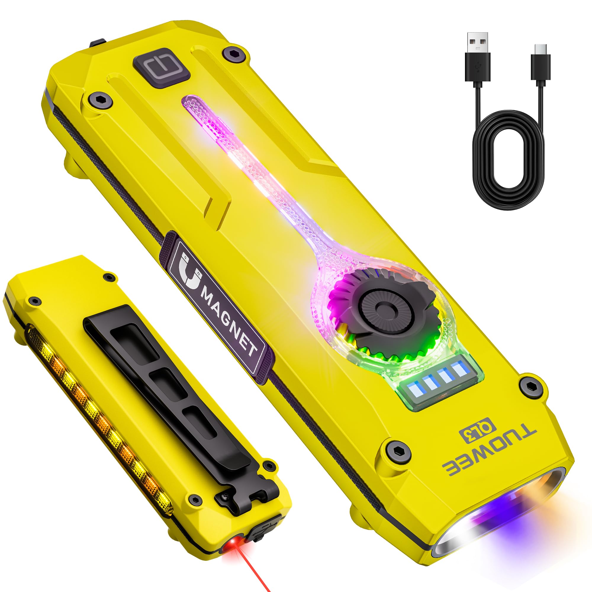 TUOWEE U V Flat EDC Flashlight Rechargeable 1200 High Lumens RGB,Magnetic Base Small Flashlights with Dual Switch,4-Source,USB-C