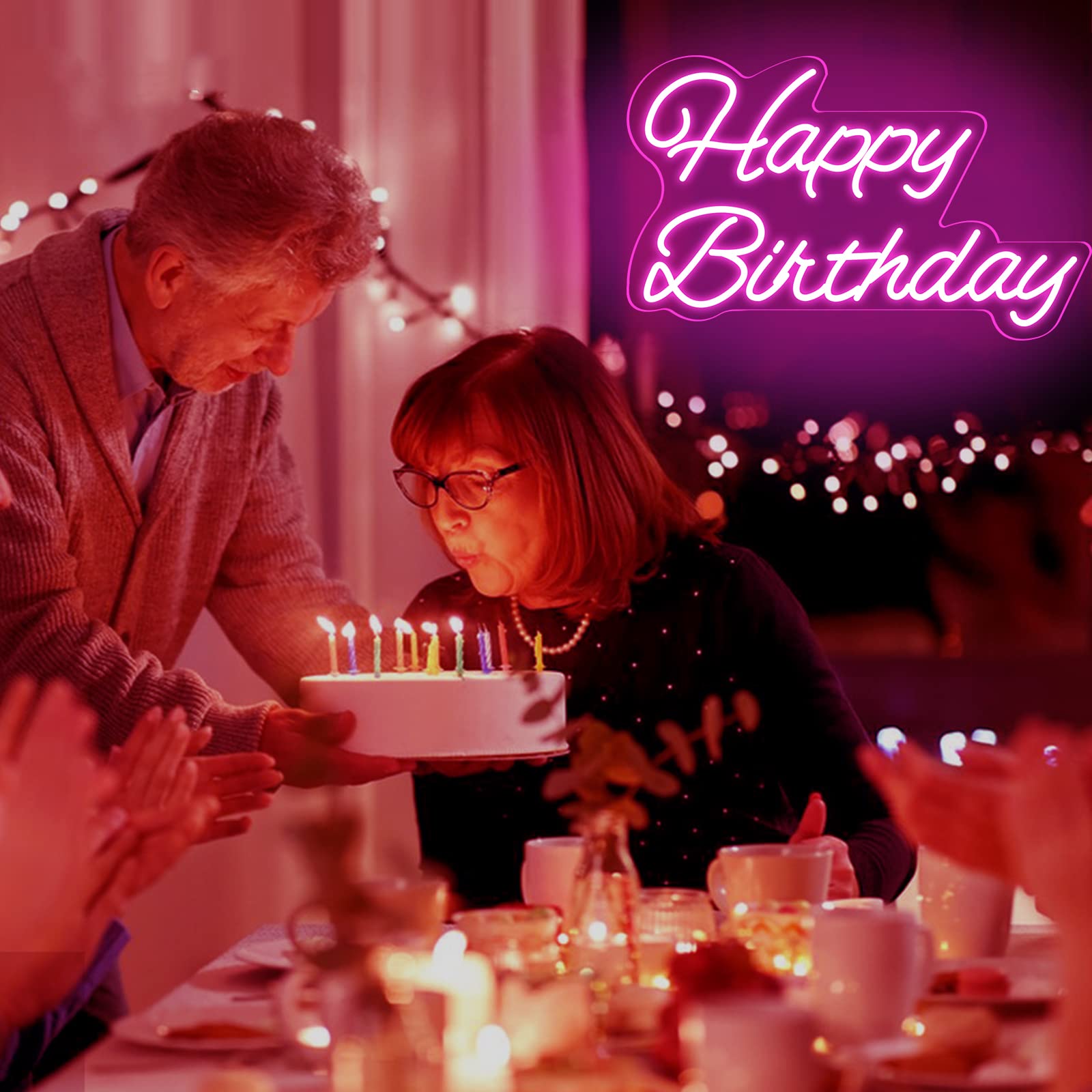 Neonawall Happy Birthday Neon Sign - 20 Inch Pink LED Light with Dimmable Switch - Reusable Birthday Party Decoration