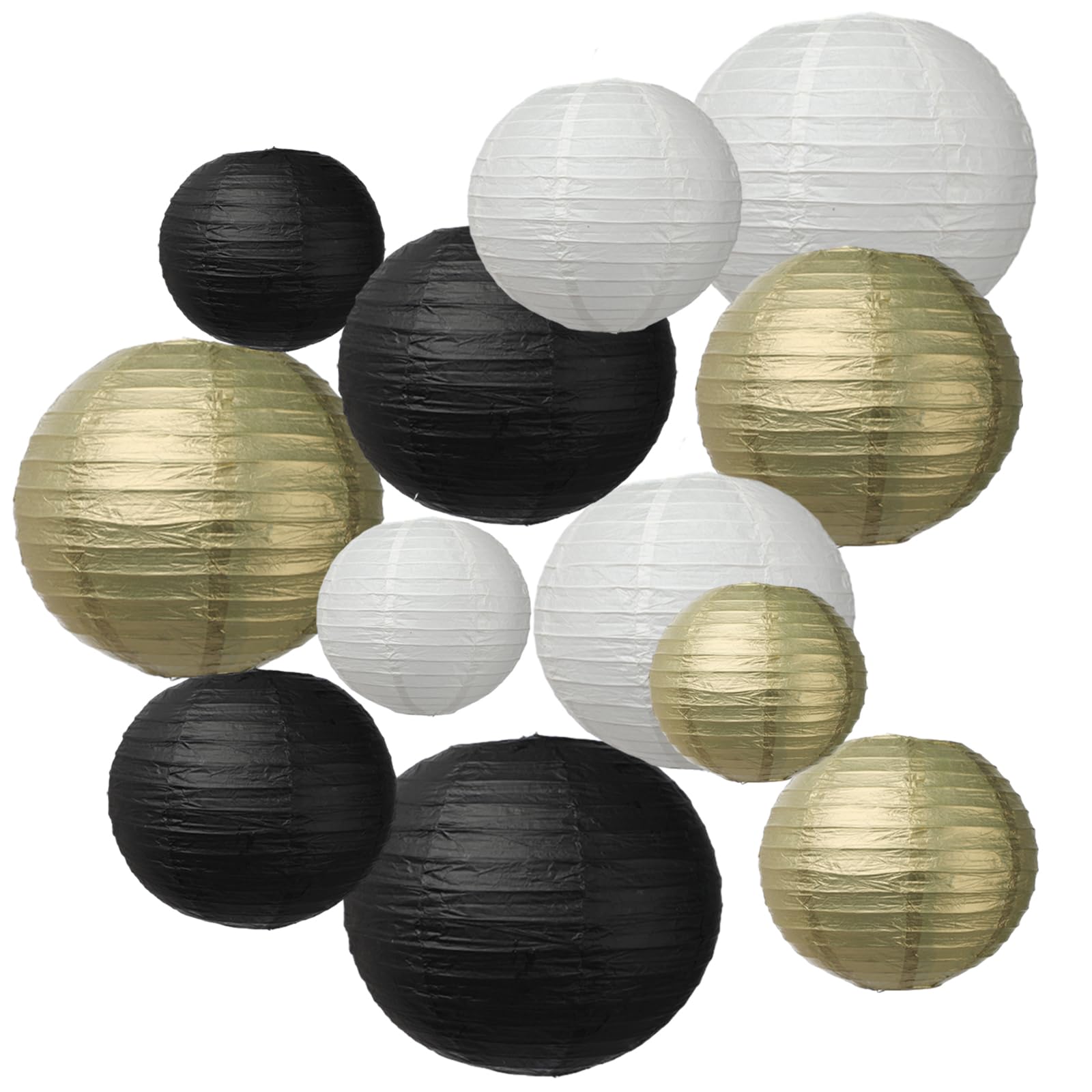 Black Gold Ivory White Paper Lanterns 12 Pcs Assorted size of 6'' 8'' 10'' 12'' Chinese Round Paper Hanging Decorations Lanterns