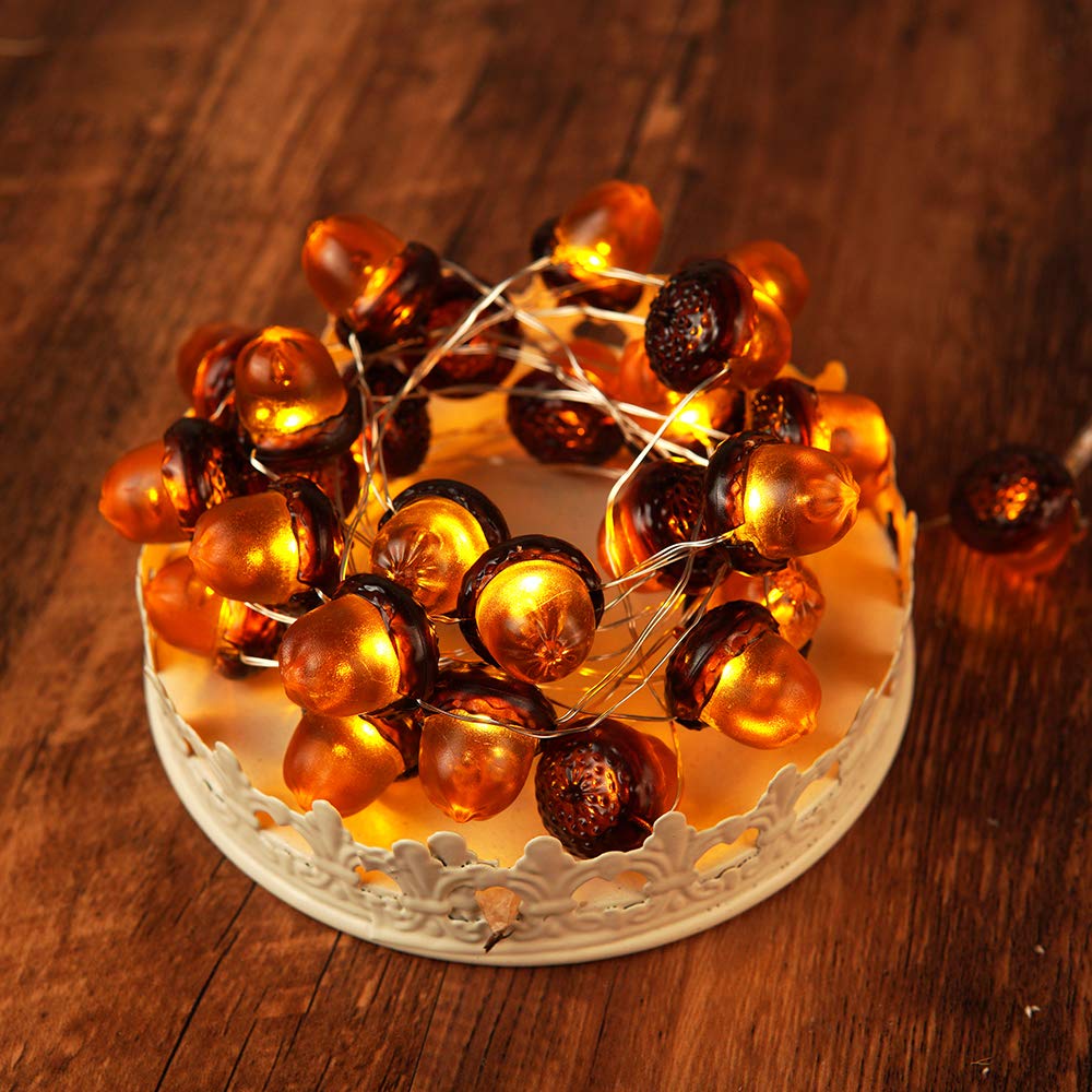 Bohon 3D Acorn Fall Decor Harvest String Lights Battery Powered With Remote And Timer 10Ft 30 Leds Thanksgiving Decorations For Christmas Party Autumn Tree Ornaments