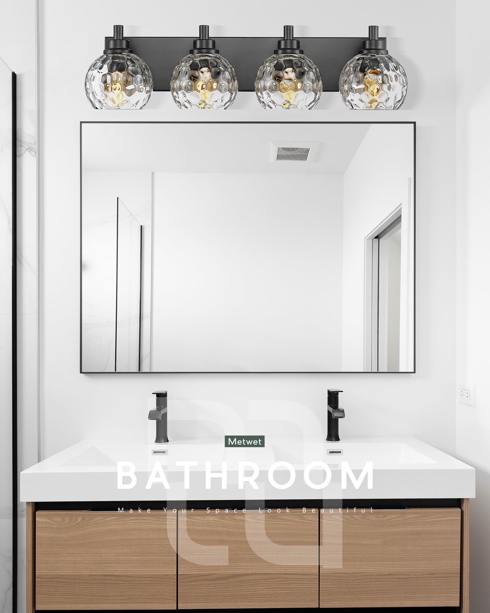 METWET 4-Light Bathroom Vanity Light, Matte Black with Hammered Glass Shade, Model VL200-MB-CL-4, Modern Sconces for Hallway & Bedroom