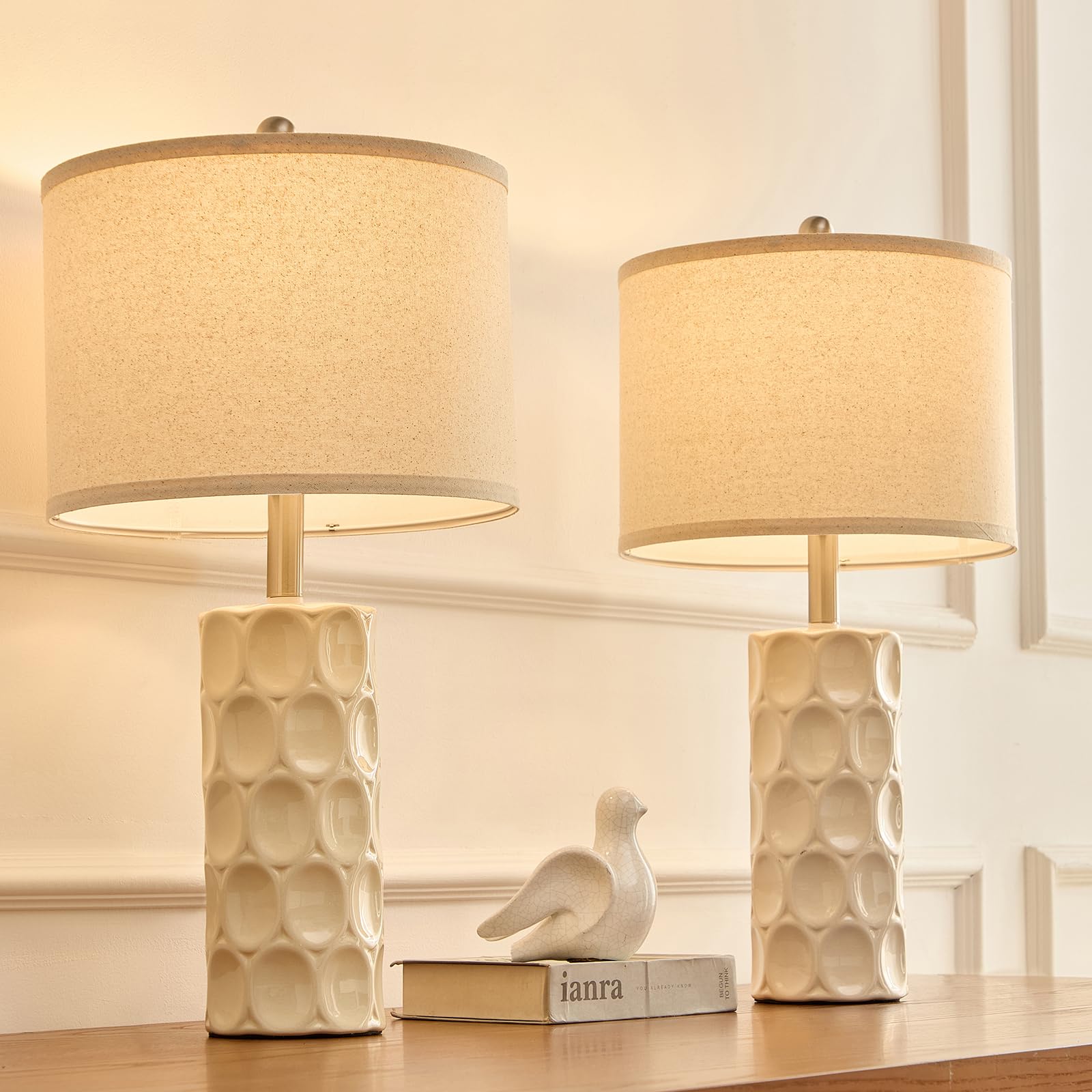 SAIWEYA 24in Ceramic Table Lamp Set of 2, 3 Color Dimmable, Rotary-Cream White, Model TM-T01