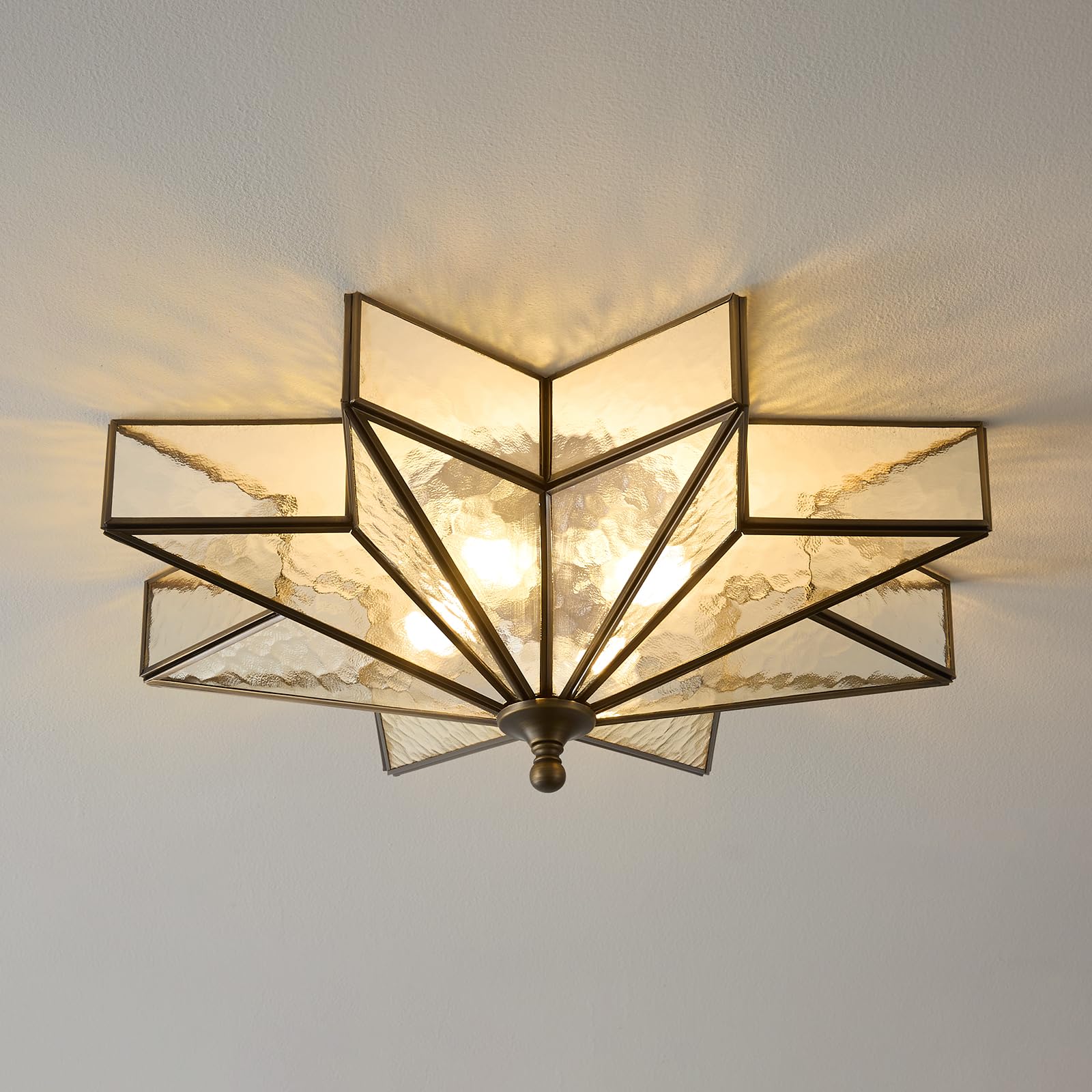 Black Bronze Star Ceiling Light - 19.5 Inch Brass Hammered Glass Large Flush Mount Fixture - Unique Art Deco Mid Century Vintage Moravian Lighting Lights For Bedroom Dining Foyer Living Room Fixtures
