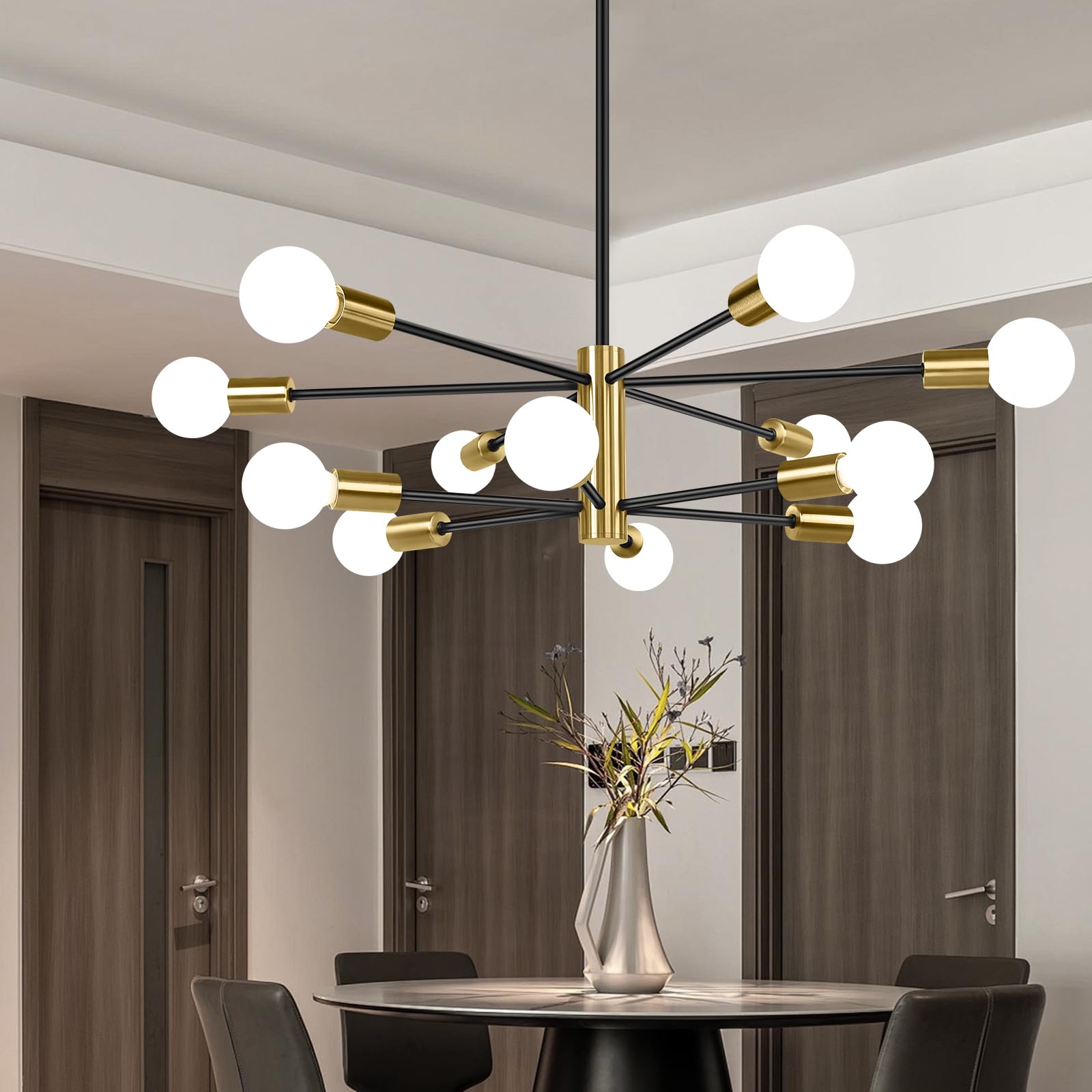 Beslowe 12-Light Modern Sputnik Chandelier, Mid Century Black & Gold Chandeliers Lighting, Farmhouse Ceiling Hanging Light Fixtu