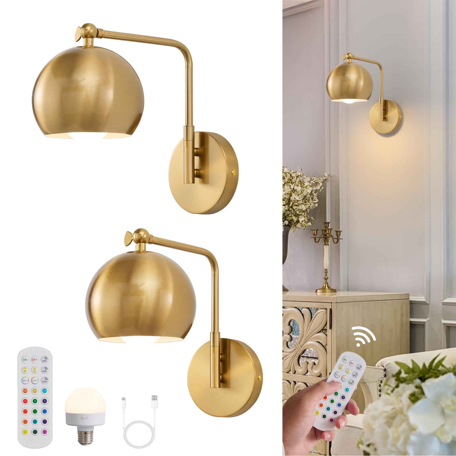Powfloven Gold Battery Operated Wall Sconces Set of 2, Dimmable Wireless Lighting Lamp, Model PFWS05G2-1