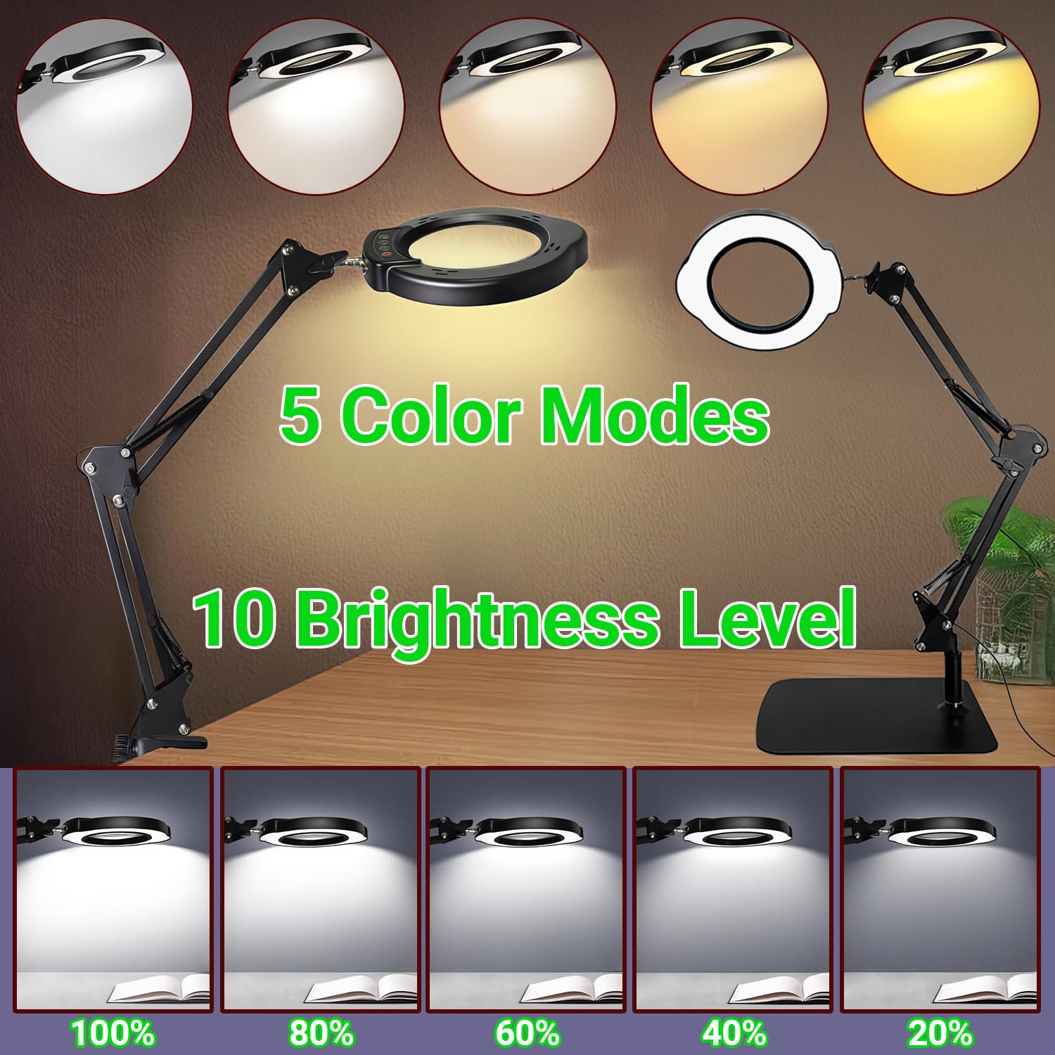 Amzchen 15X Magnifying Glass with Light, 5 Color Modes, Adjustable Brightness, Hands-Free LED Desk Lamp, Black