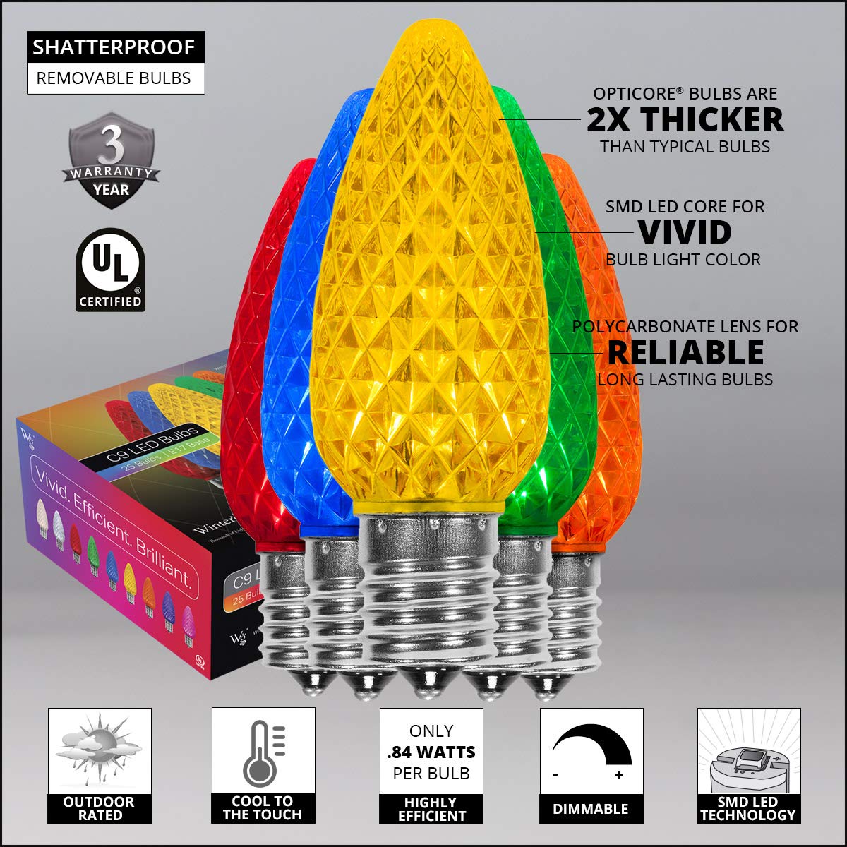 Wintergreen Lighting C9 LED Christmas Lights, Heavy Duty, 100 Lights, 100 ft, Multicolor, Green Wire, Polycarbonate