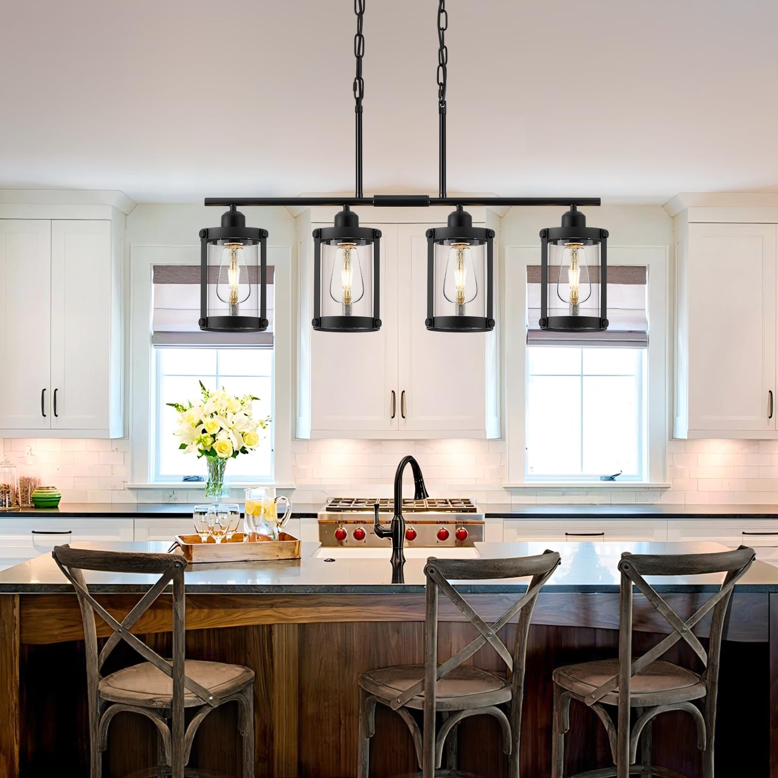 Osimir 4-Light Linear Kitchen Island Chandelier, Black & Clear Glass, Model OS-3014-4ISBK