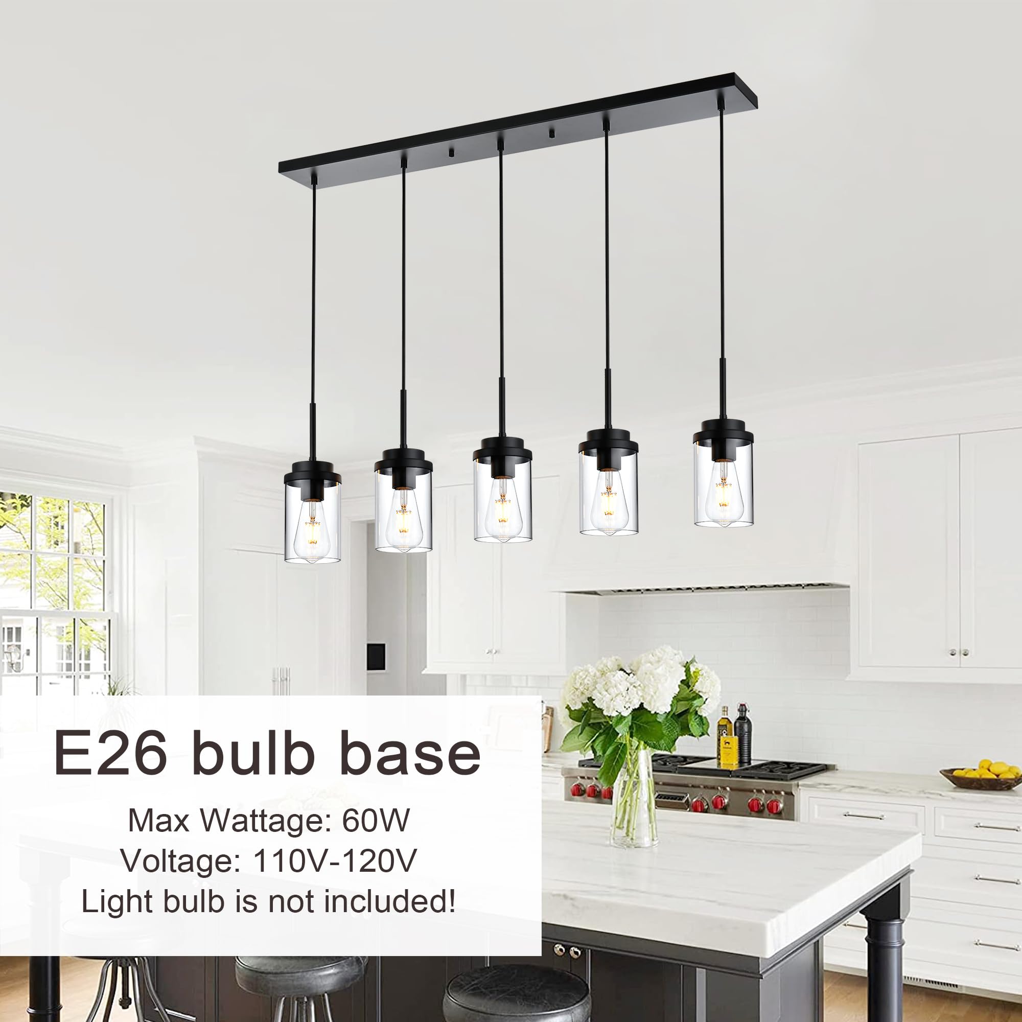 MELUCEE 5 Lights Kitchen Island Lighting - Modern Black Linear Chandelier with Clear Glass Shades, 40.1 Inches Length
