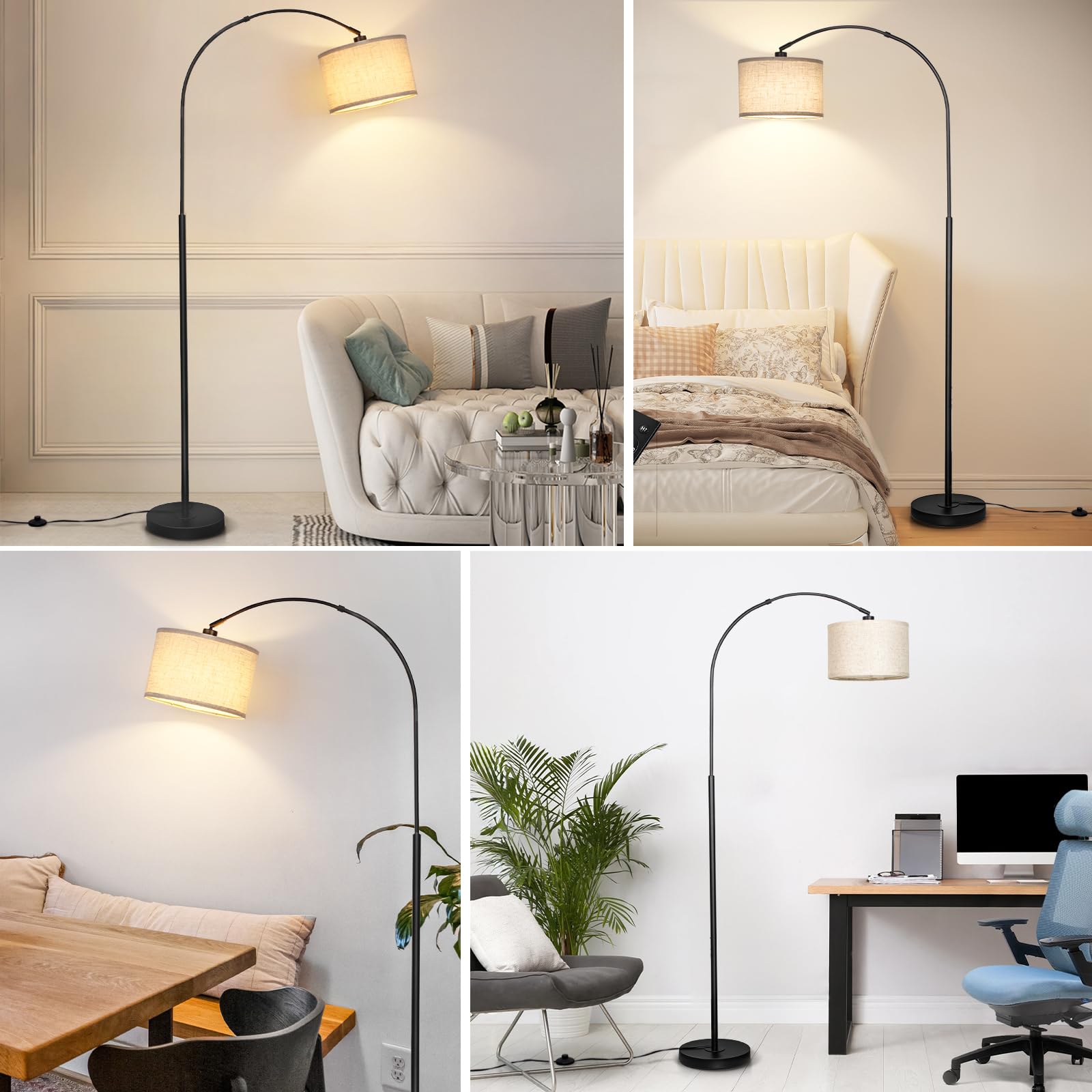 Qingmiao Arc Floor Lamp, Modern Dimmable Standing Lamp With Remote, Black Metal Shade, Foot Switch, Ideal For Living Room Or Bedroom