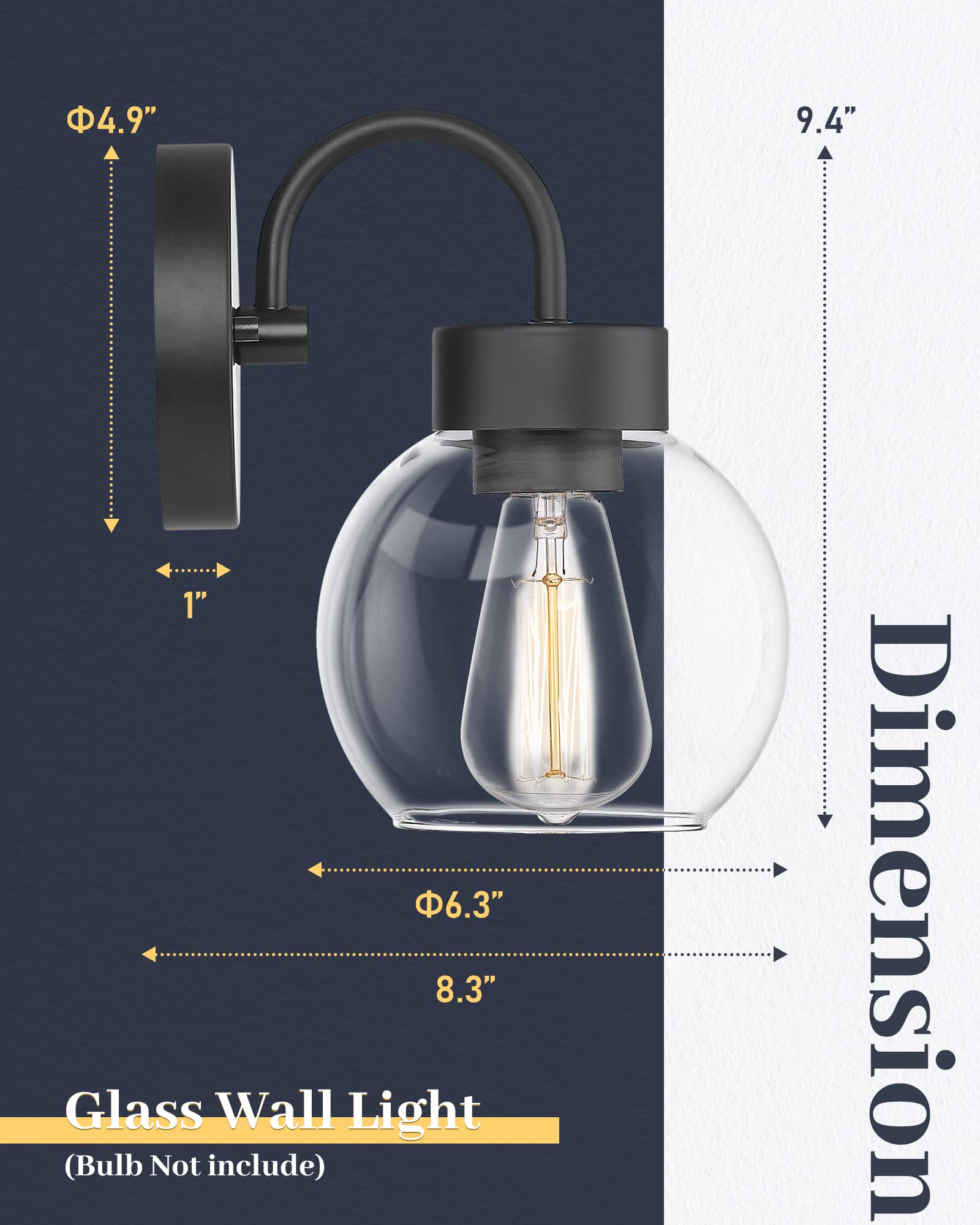 EAPUDUN 1-Light Bathroom Light Fixture, Matte Black, Globe Clear Glass Shade, Model WLA1433-MBK