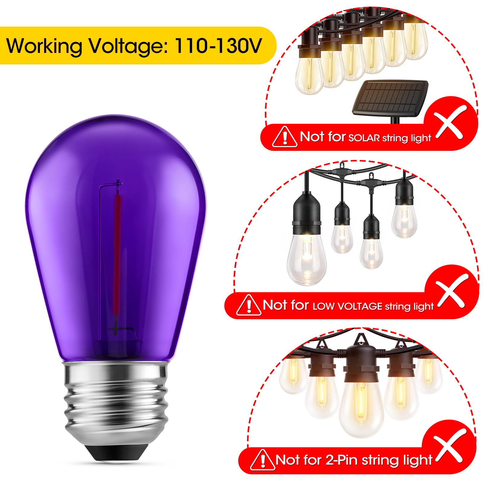 Meconard S14 Purple And Orange Led Light Bulbs, 24Pack 1W Plastic Shatterproof Waterproof Led Bulbs For Indoor Outdoor String Lights, E26 Base, Halloween Decoration, String Light Replacement Bulbs