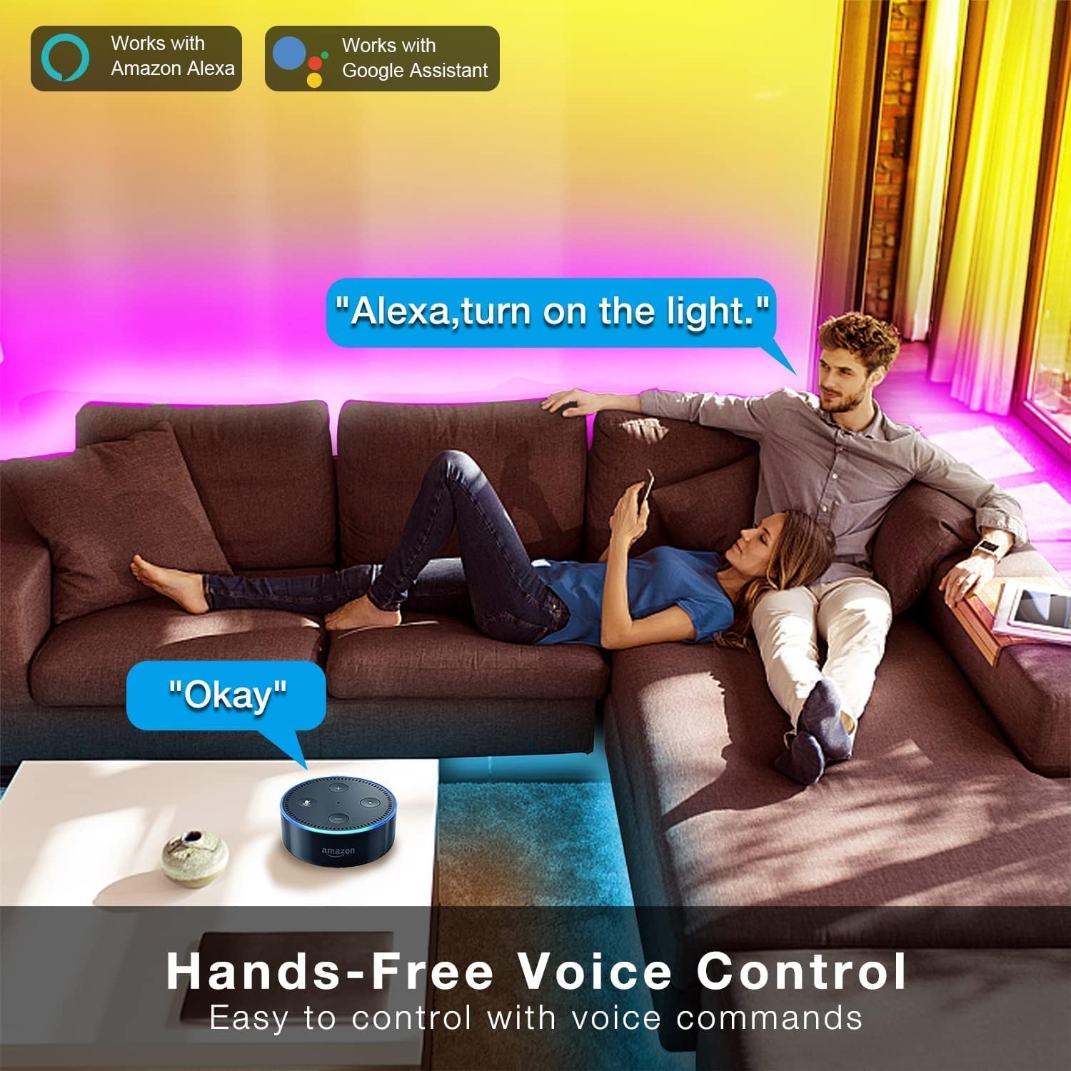 DAYBETTER Smart WiFi LED Strip Lights, 50FT RGB, App & Voice Control, Compatible with Alexa/Google Assistant, Multicolor, Model DADWF1501-V2
