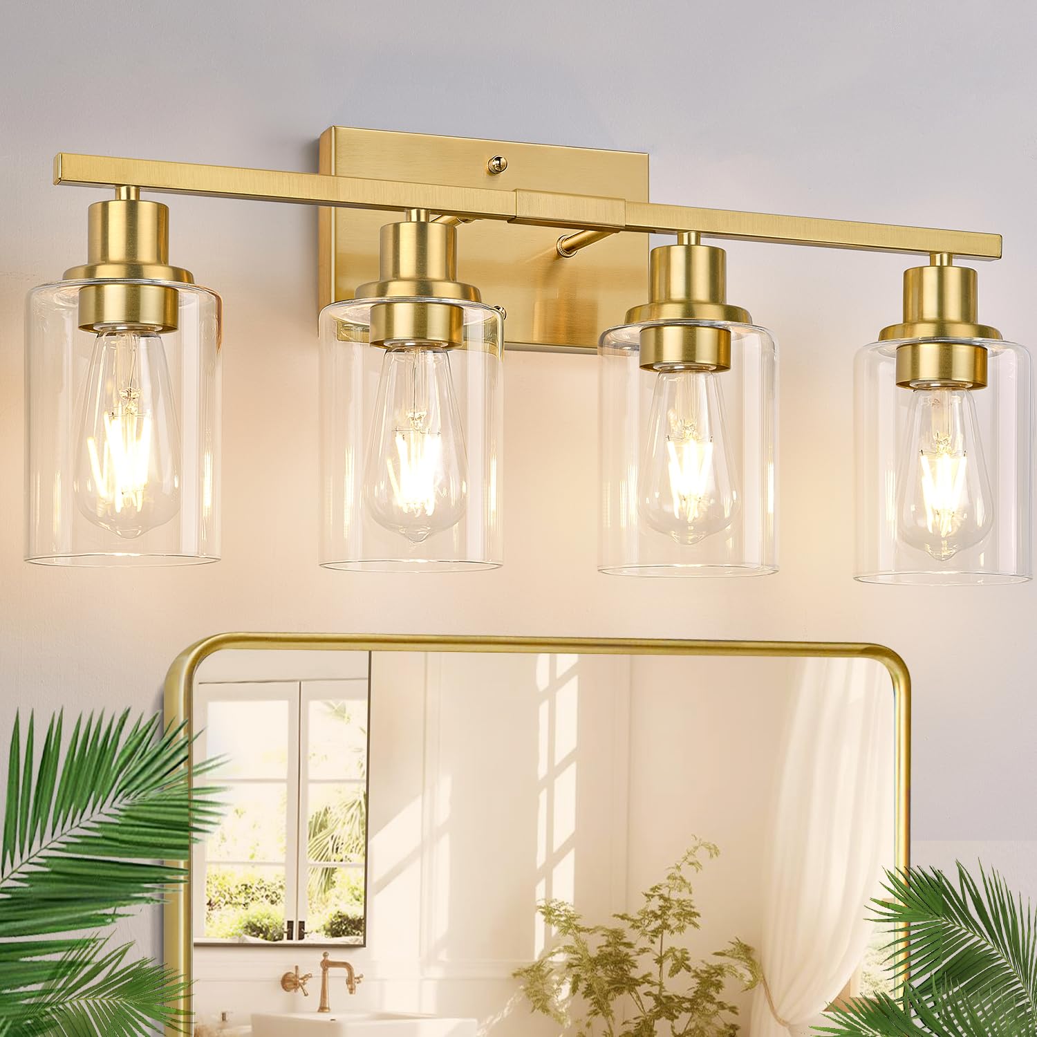 Indoi 4-Light Vanity Lights With Clear Glass Shades, Brushed Gold Bathroom Light Fixtures Over Mirror, Modern Bathroom Wall Lamp