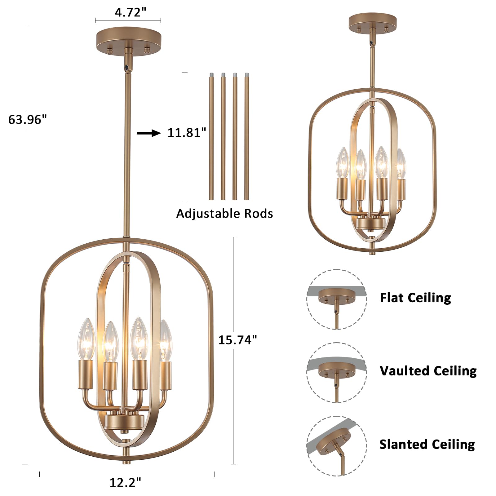 Gold Chandelier For Dining Room Light Fixture, 4 Light Entryway Light Fixture, Adjustable Modern Farmhouse Chandelier Foyer Ligh