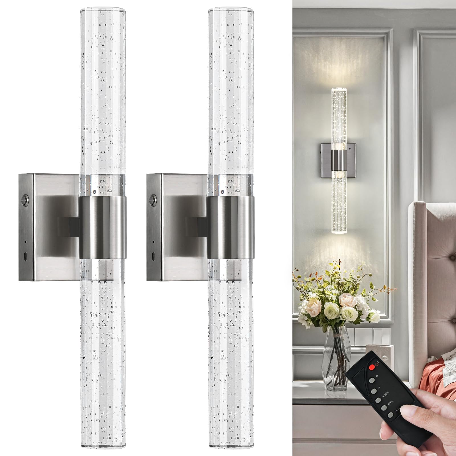 Ccycol Wireless Wall Sconces Set Of Two Battery Operated, 4000K Dimmable Crystal Led Bathroom Sconces Wall Lighting Modern Indoo