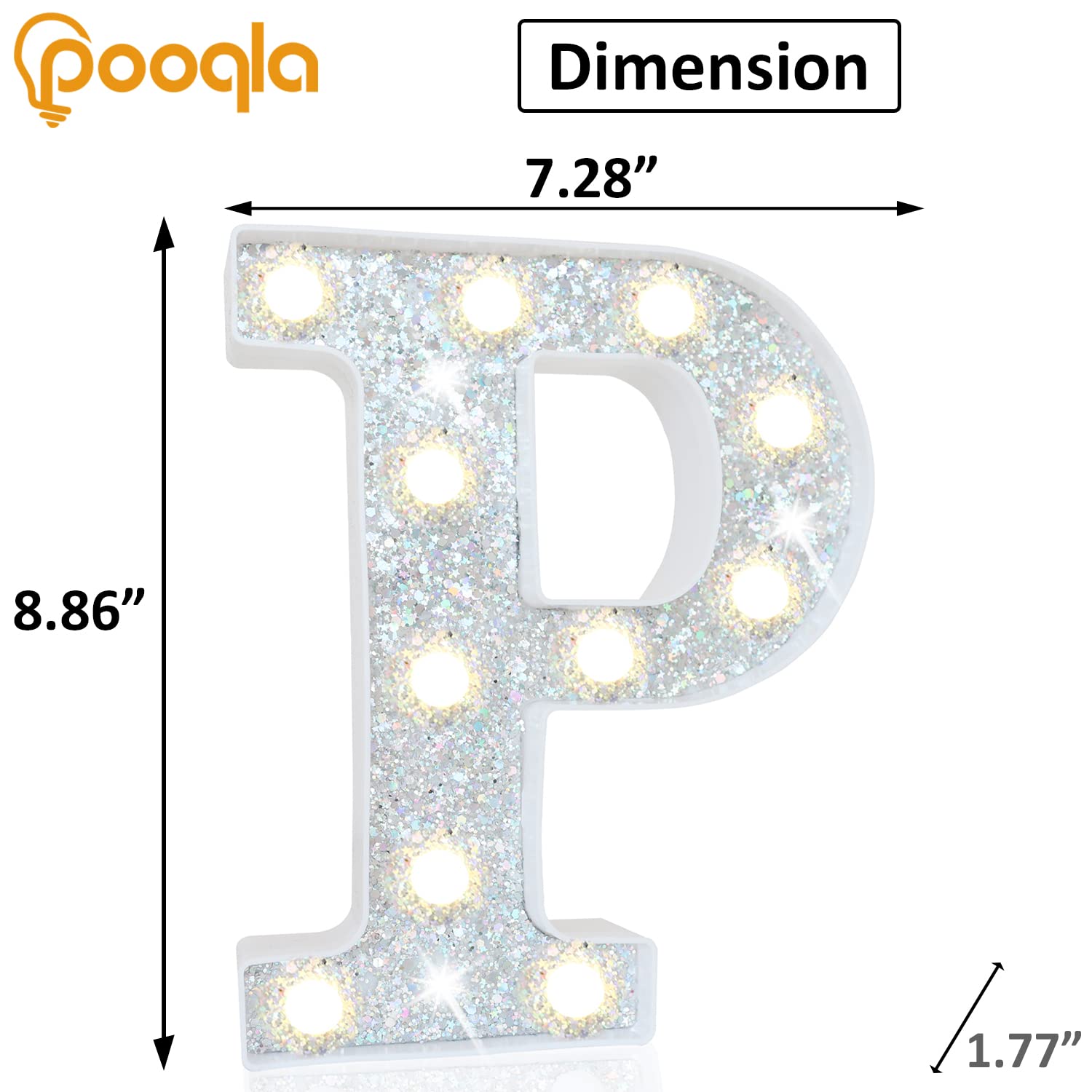Pooqla LED Marquee Letter Lights, Silver Glitter Alphabet Sign, Battery Powered for Parties, Home Decoration, Letter P