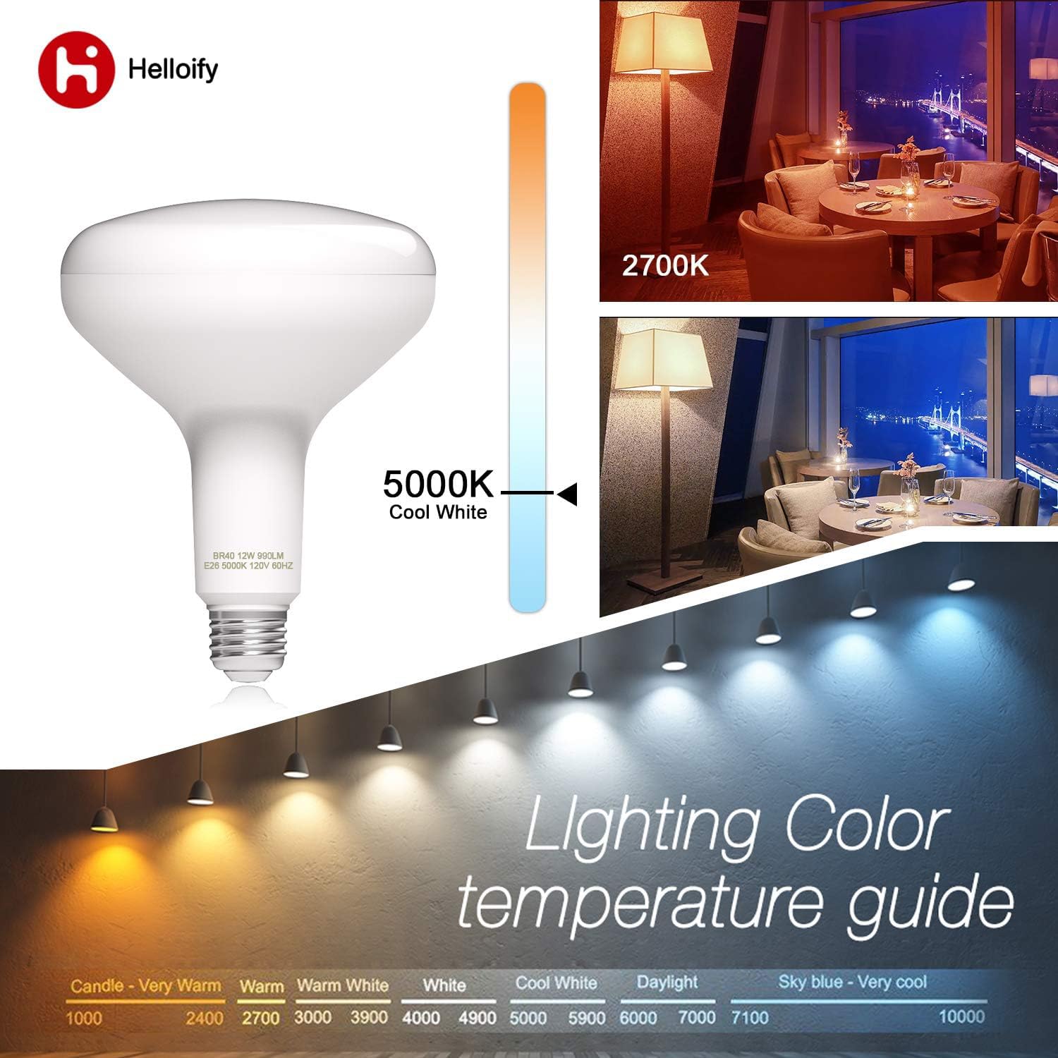 helloify Dimmable BR40 LED Flood Light Bulb 12W, 75W Equivalent, 2700K Soft White, E26 Base, 6 Pack