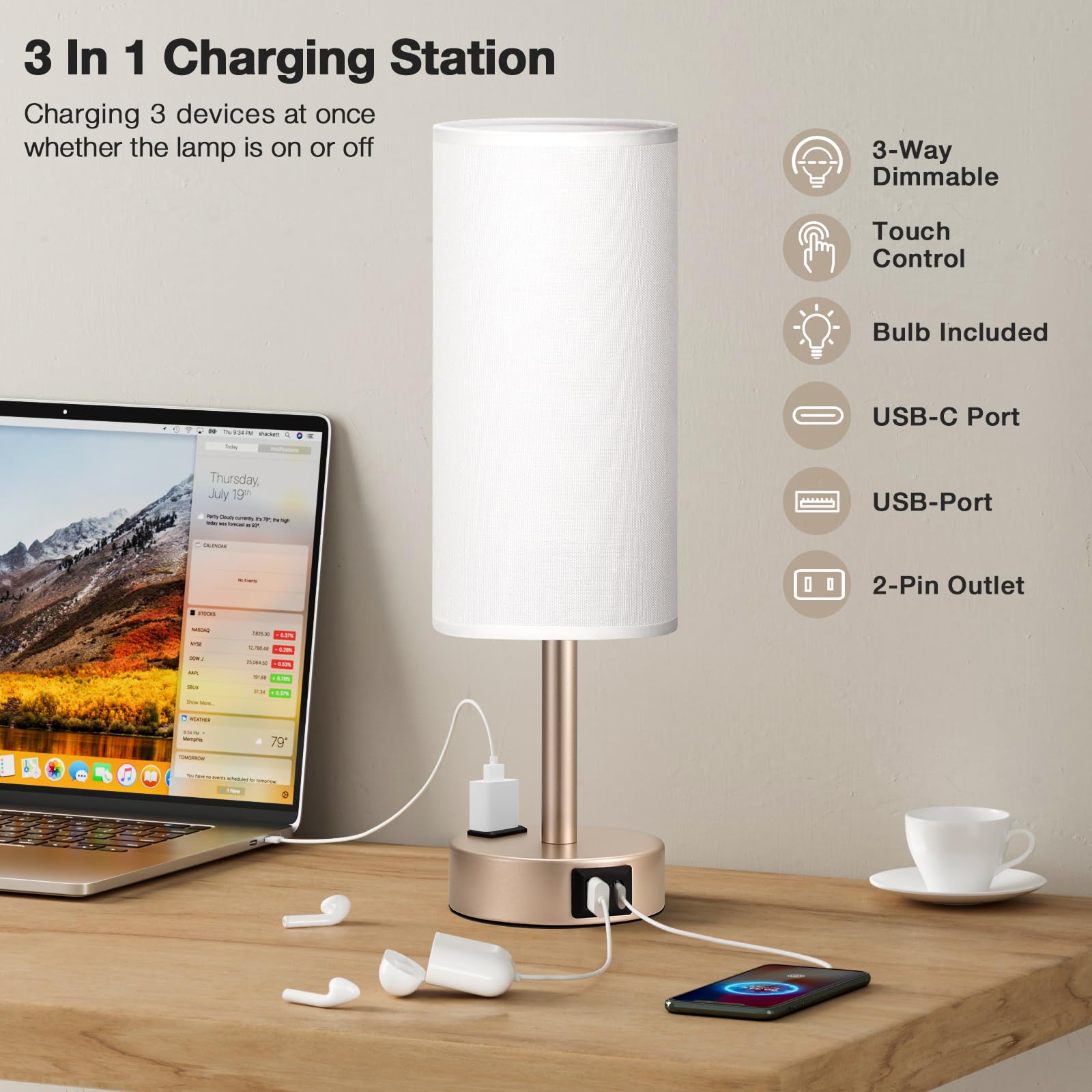 Antique White Bedside Table Lamp For Bedroom - 3 Way Dimmable Touch Lamp Usb C Charging Ports And Ac Outlet, Small Lamp Gold Bas