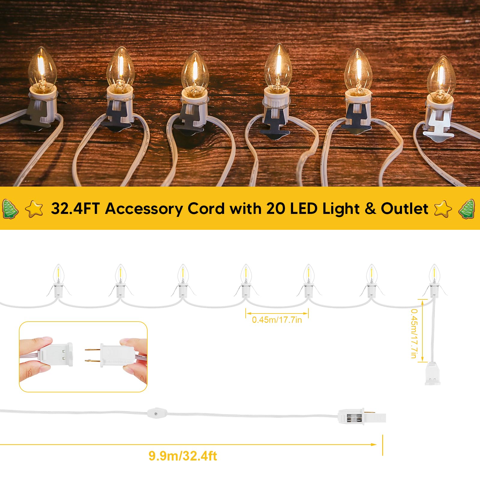 1Pack Accessory Cord With 20Led Light Bulbs And Outlet, Christmas Village Light 32.4Ft String Lights Cord 2Fuse C7/E12 Base Christmas Village Accessories For Halloween Christmas Village Houses