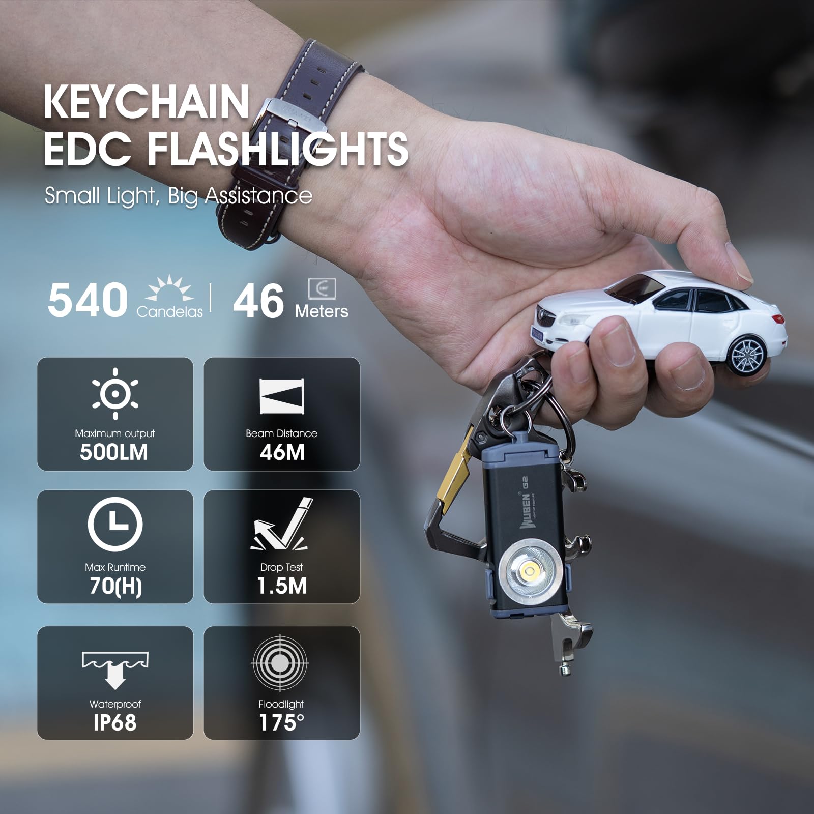 WUBEN G2 EDC Flashlight, 500 Lumens, Rechargeable, 5 Modes, Aluminum, Compact Keychain Light, Black