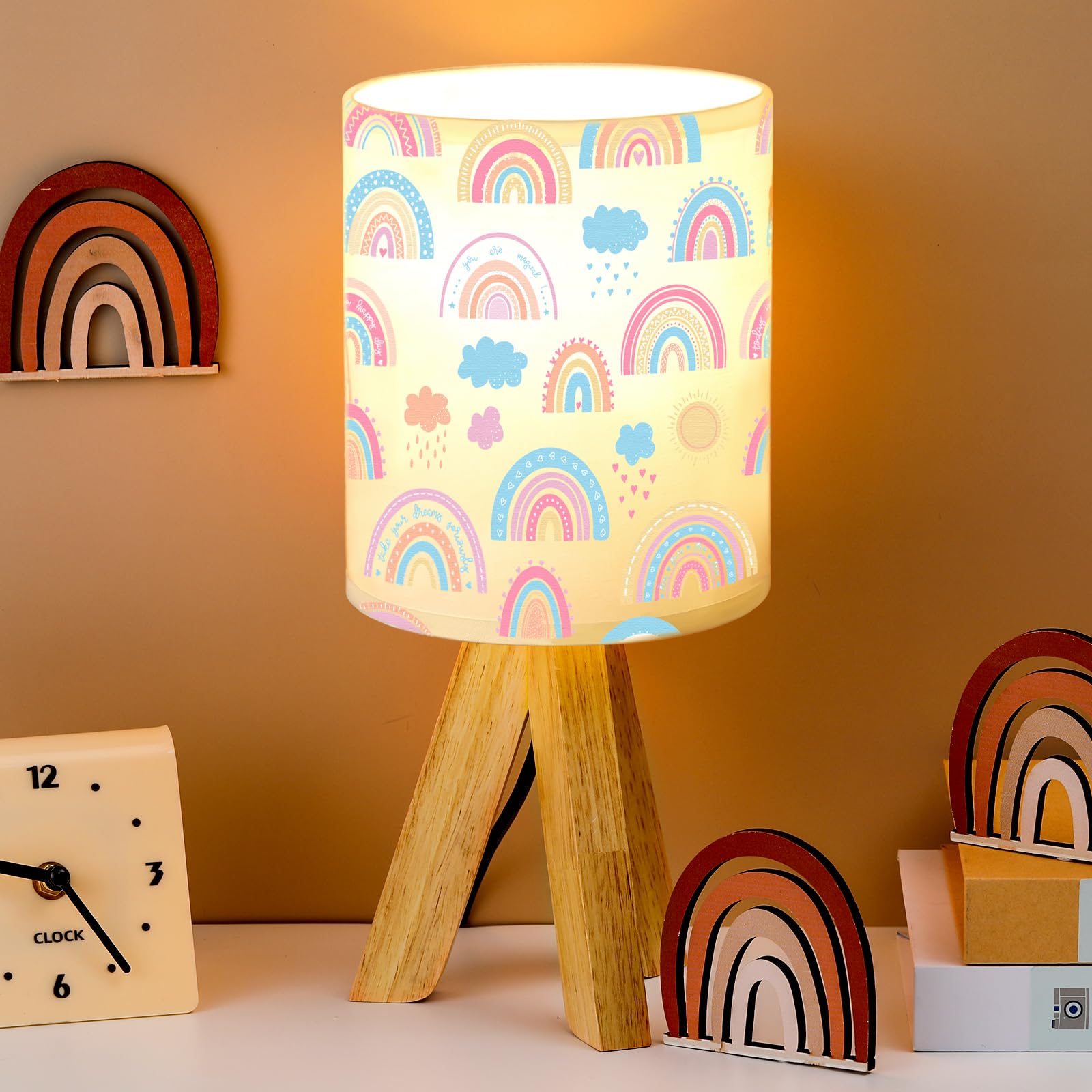 Vihose Rainbow Table Lamp For Bedroom Kids Rainbow Bedside Lamp With Linen Wooden Nightstand Cartoon Nursery Lampshade For Girls
