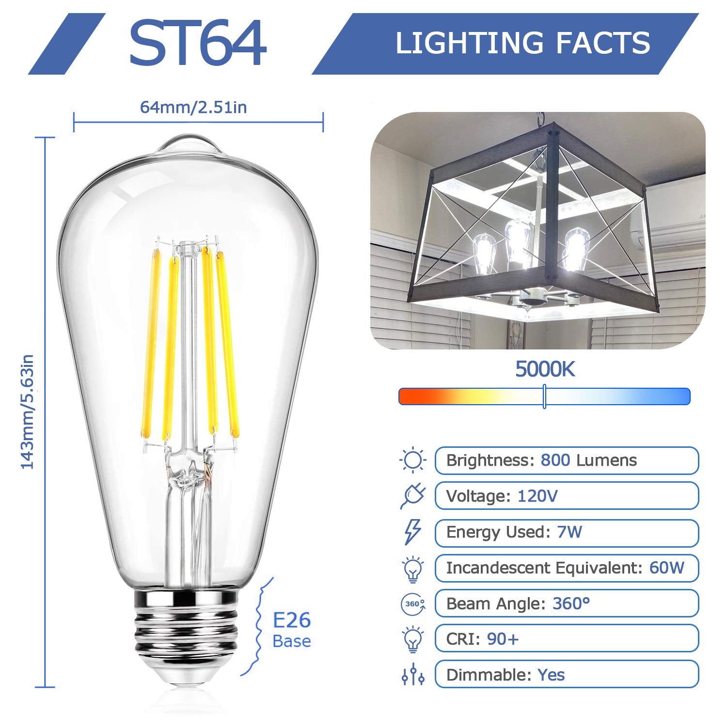12Packs St64 Large Vintage Led Edison Bulbs, 60W Equivalent 7W, 800Lumens, Dimmable Antique Led Filament, 5000K Cool White, E26