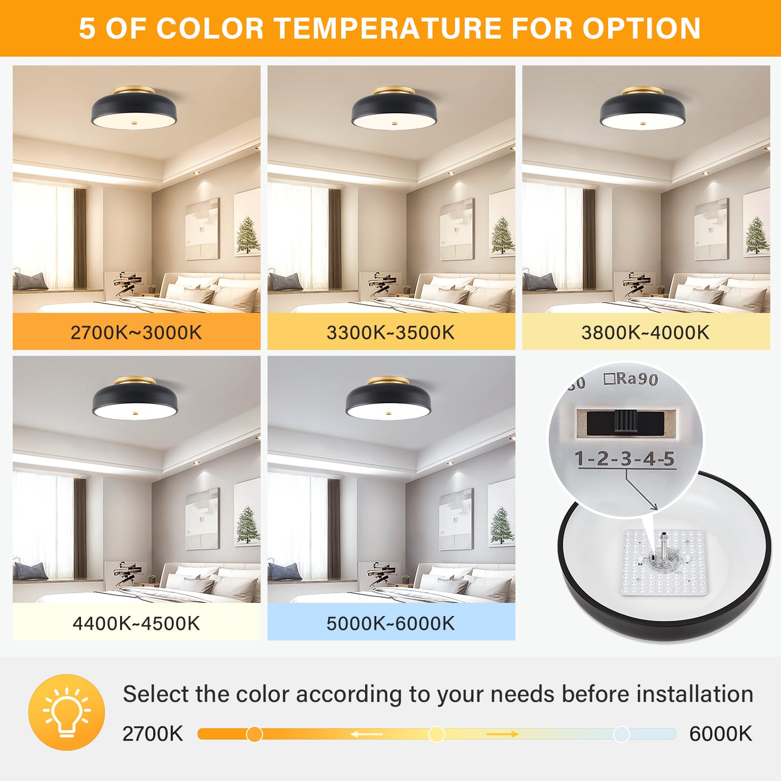 ONESMING Dimmable LED Ceiling Light Fixture, Modern Semi Flush Mount, 11.81in, Black, Model CP3045-GB30, 2700K-6000K