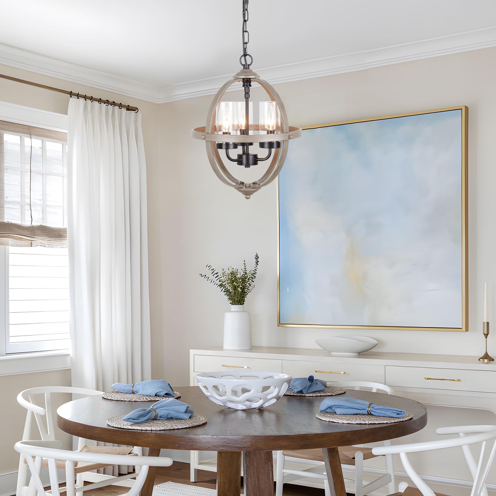 Farmhouse Chandelier, 14'' Industrial Rustic Globe Sphere Orb Chandelier Wood Grain, 3-Light For Dining Room Entryway Kitchen Is