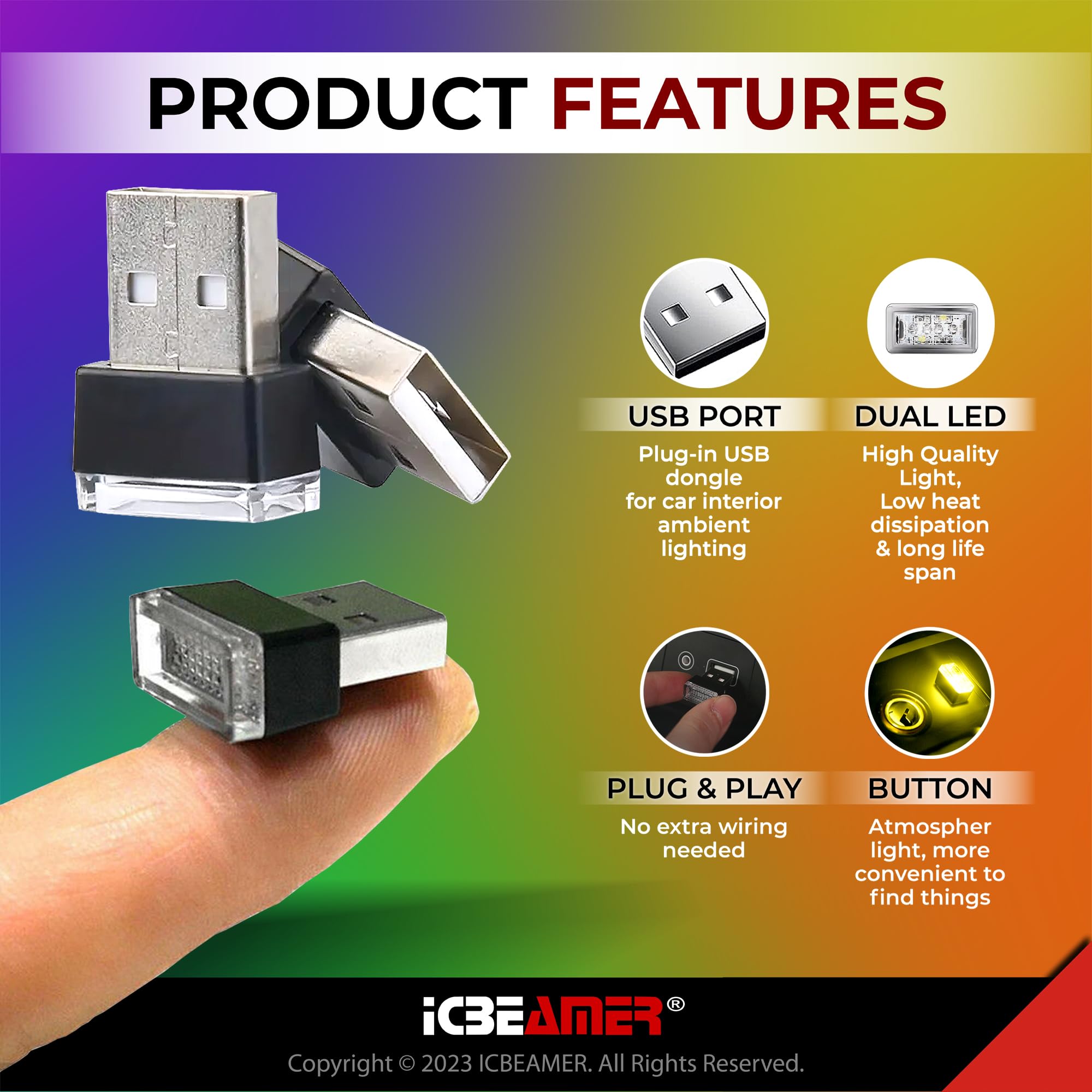 Icbeamer Universal Usb Interface Plug-In Miniature Night Light Led, Color: Yellow | For Car Interior And Trunk Ambient Atmospher