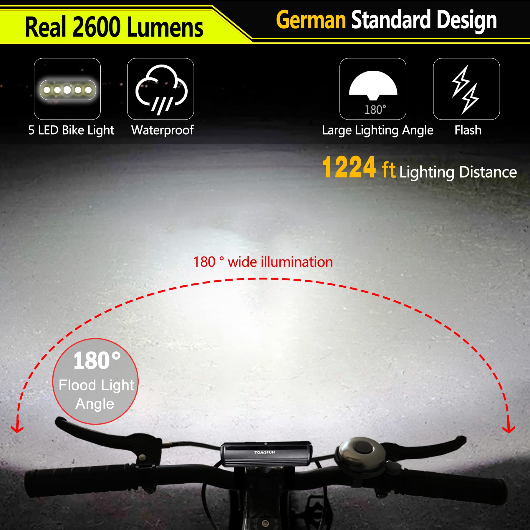 Best Bike Lights 2600 Lumen, 5 Led Bicycle Light With High Beam Low Beam, Best Bike Lights For Night Riding, Usb-C Rechargeable Bike Headlight, Waterproof Bicycle Lights, Power Bank Function