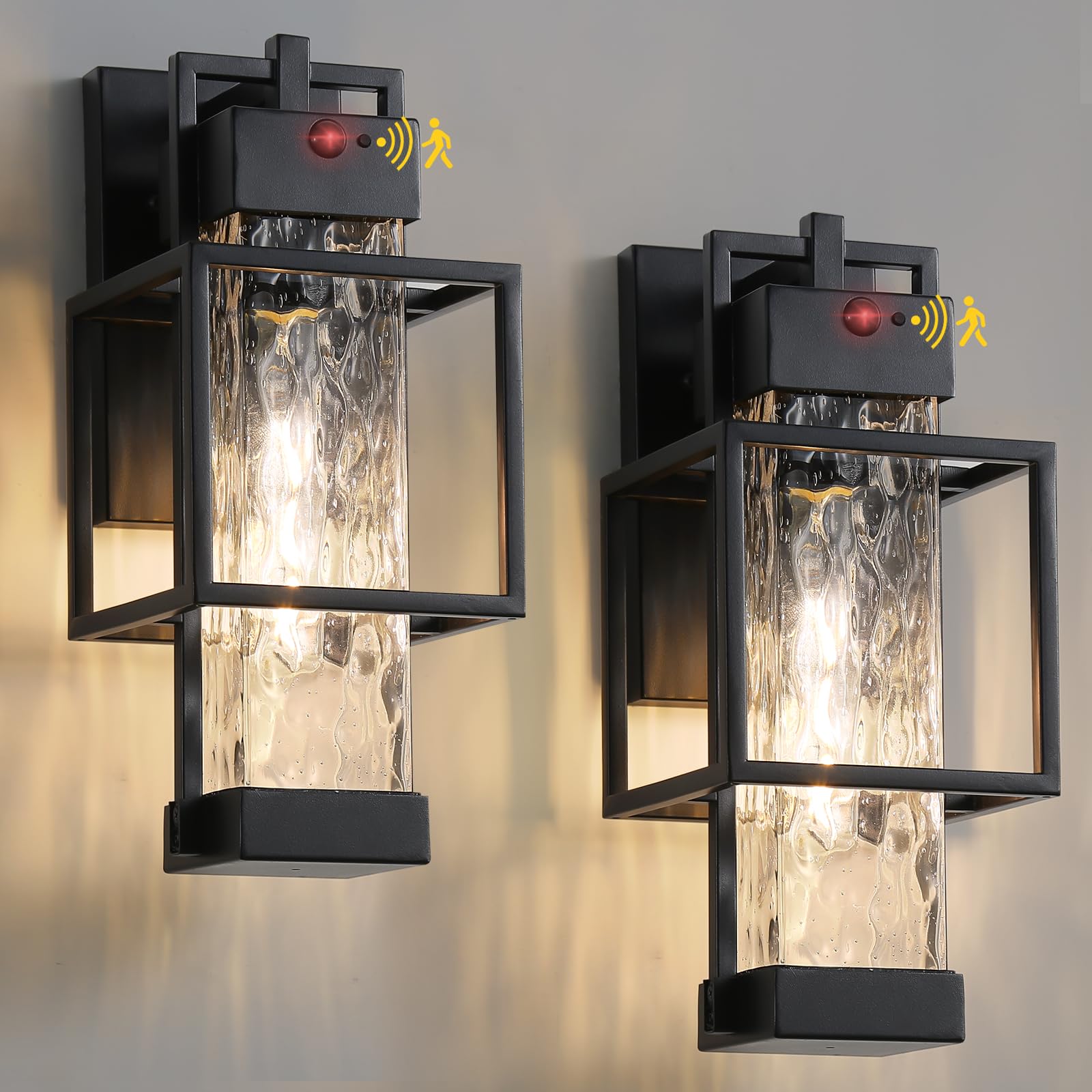 SHIMR Motion Sensor Porch Lights 2 Pack, Dusk to Dawn Outdoor Lighting with Water Seeded Glass, Outdoor Light Fixture with E26 B