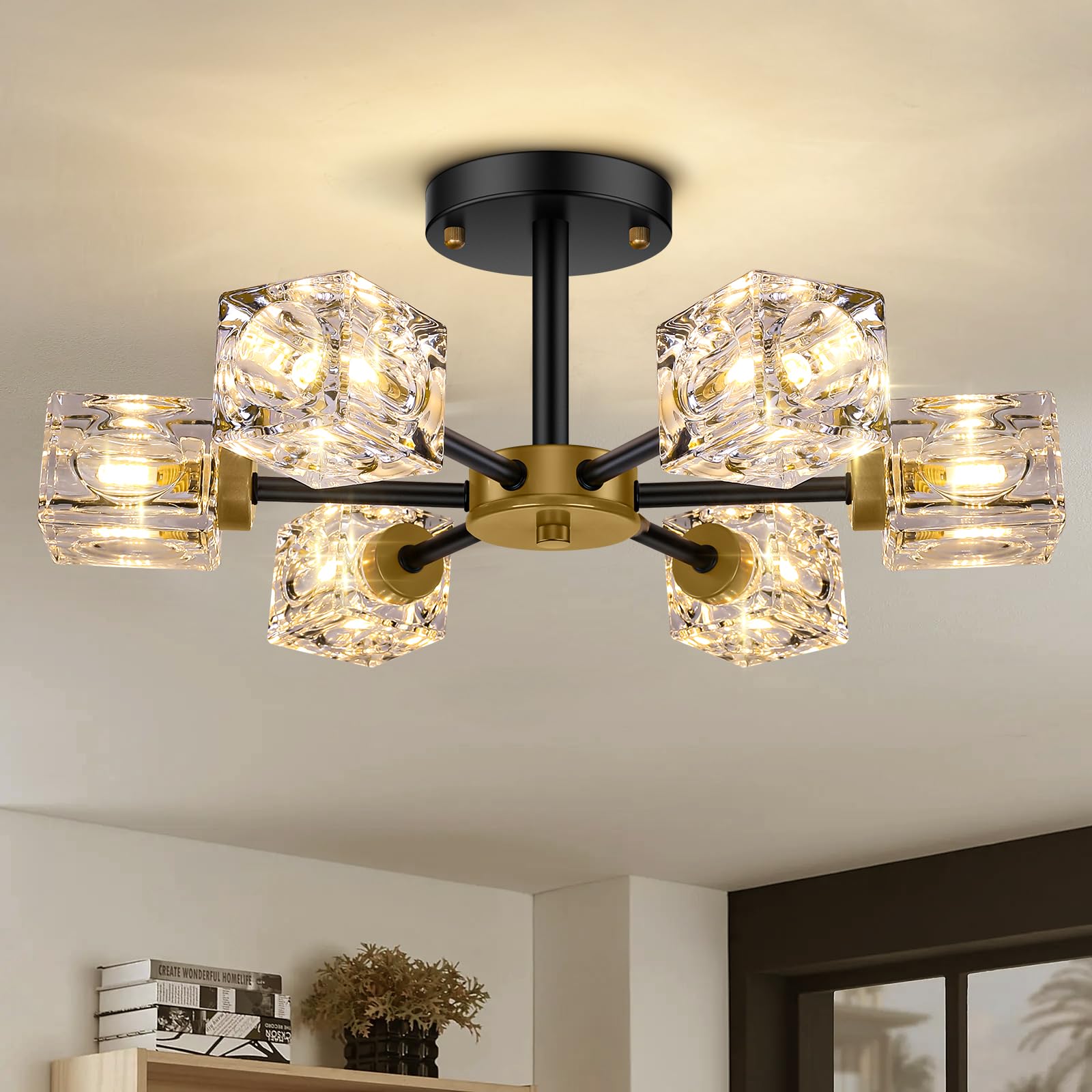 Black Modern Chandelier, 6-Light Crystal Semi Flush Mount Ceiling Light Fixture, 17.3'' Farmhouse Kitchen Pendant Light with Cub