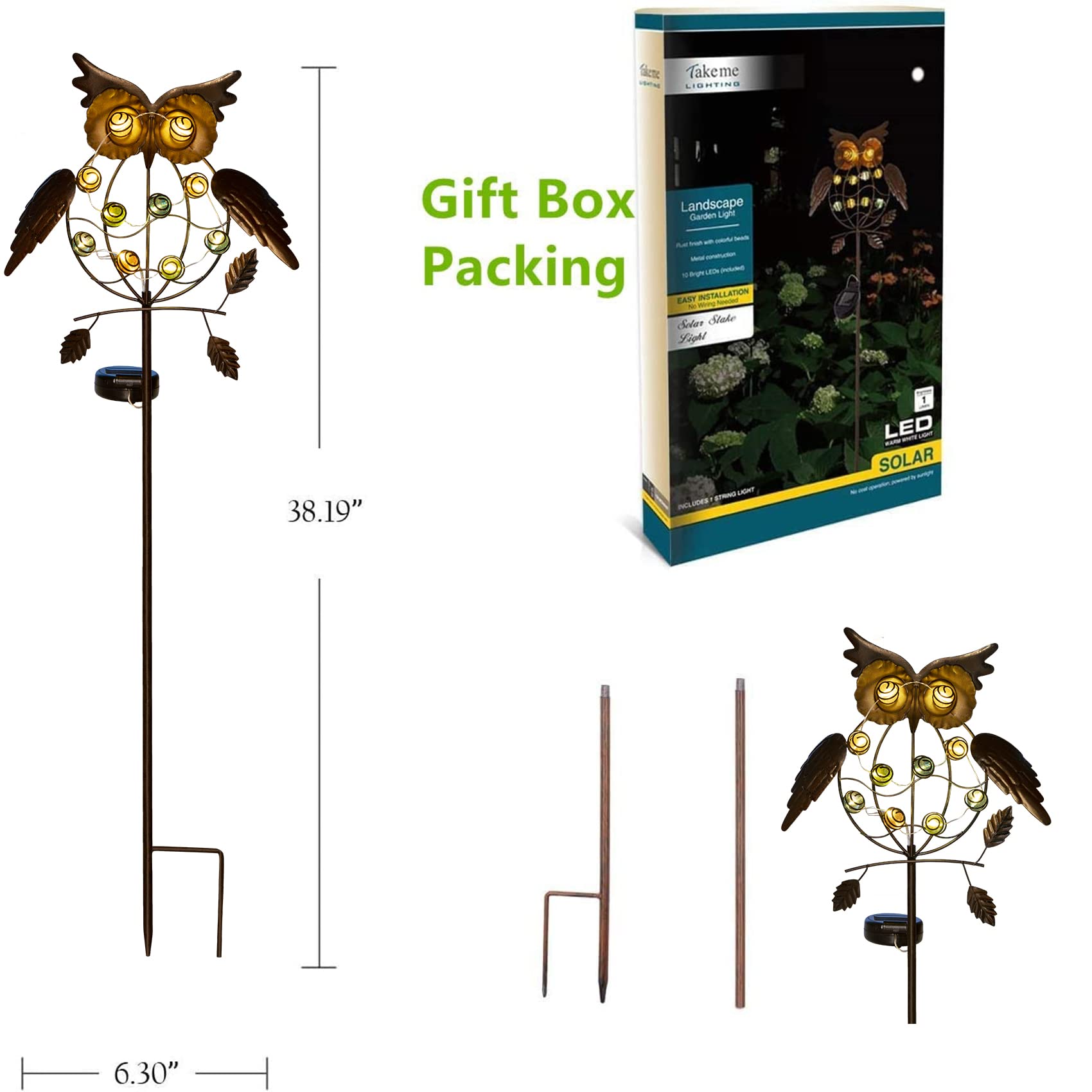 Take Me Garden Solar Lights Outdoor,Solar Powered Stake Lights - Metal Owl Led Decorative Garden Lights For Walkway,Pathway,Yard